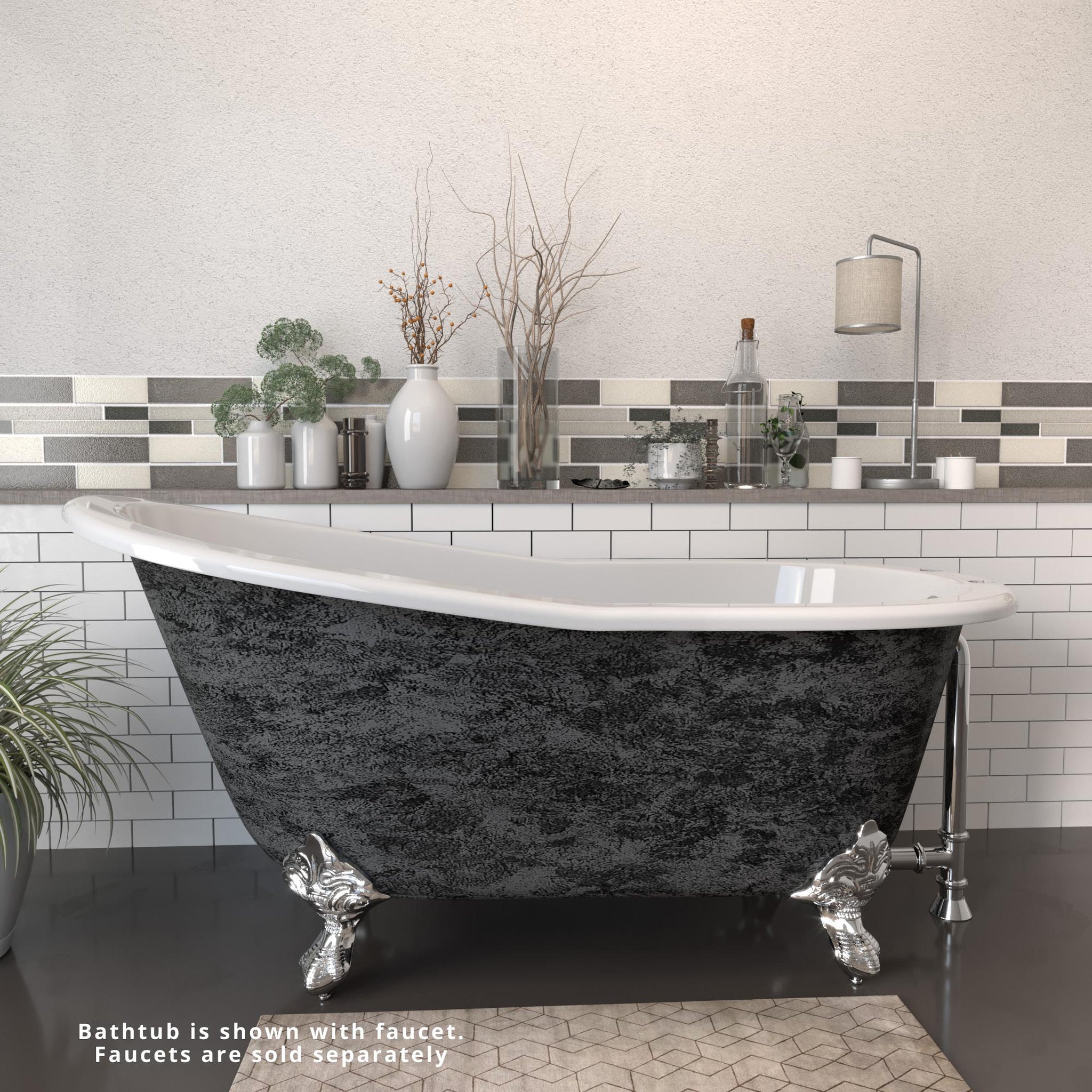 Cambridge Plumbing, Cambridge Plumbing 61" Cast Iron Single Slipper Scorched Platinum Clawfoot Bathtub With Deck Holes With Polished Chrome Feet