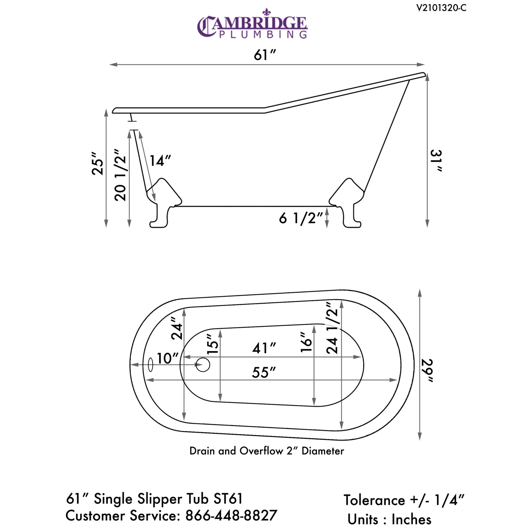 Cambridge Plumbing, Cambridge Plumbing 61" Cast Iron Single Slipper Scorched Platinum Clawfoot Bathtub With No Faucet Holes With Brushed Nickel Feet