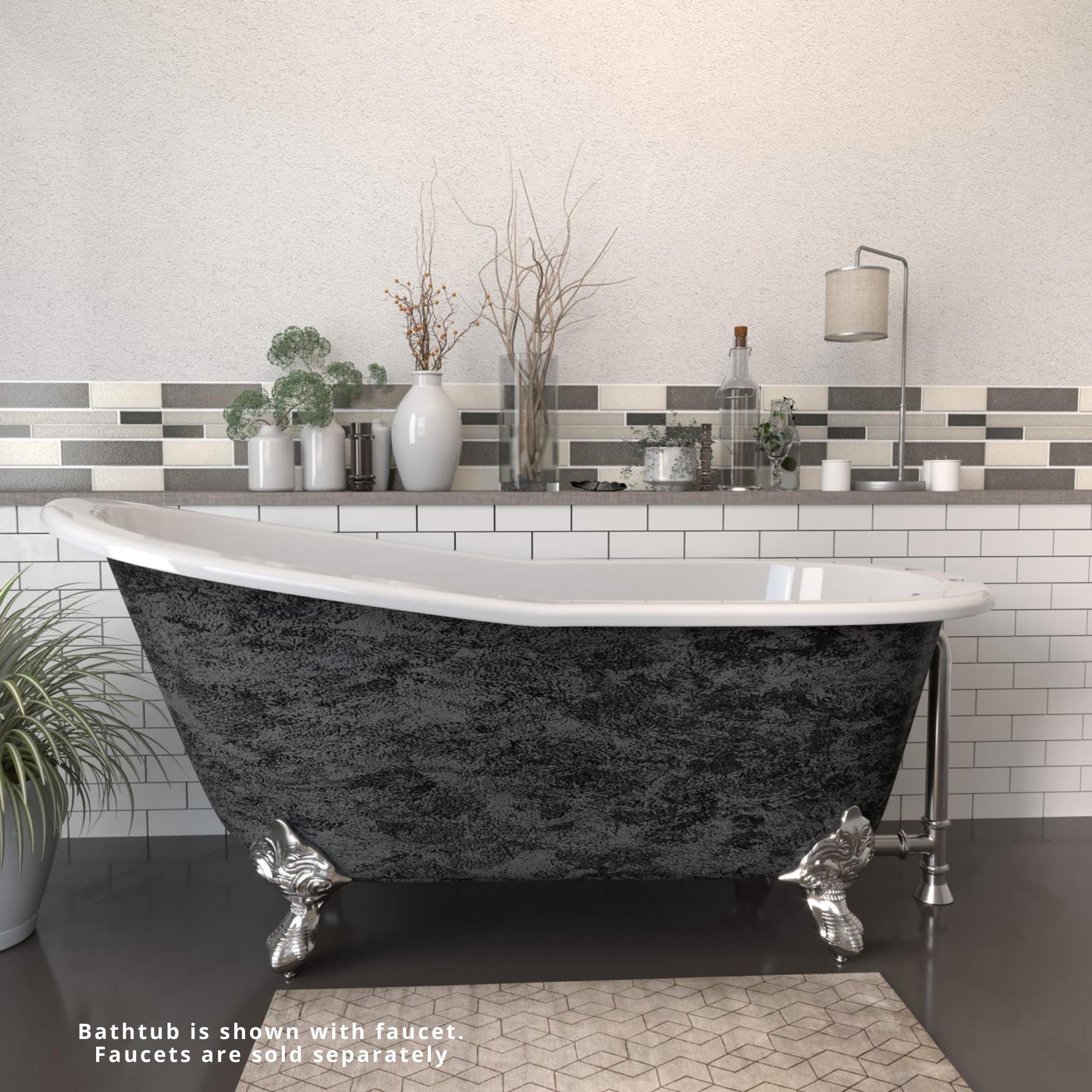 Cambridge Plumbing, Cambridge Plumbing 61" Cast Iron Single Slipper Scorched Platinum Clawfoot Bathtub With No Faucet Holes With Brushed Nickel Feet