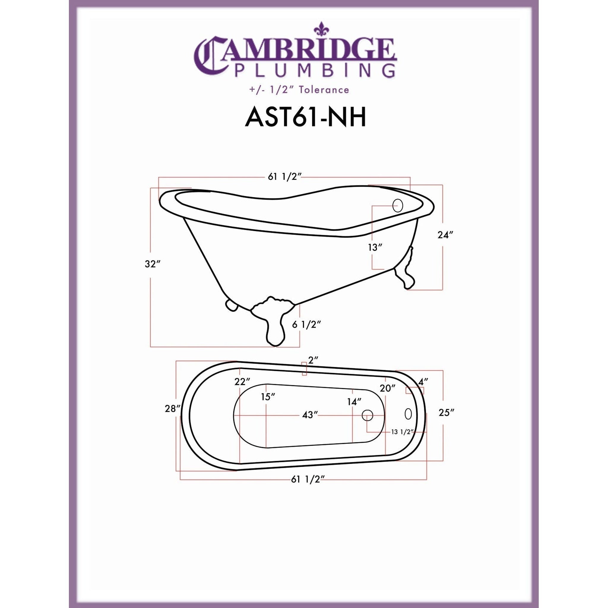 Cambridge Plumbing, Cambridge Plumbing 61" Hand Painted Scorched Platinum Single Slipper Clawfoot Bathtub With No Faucet Holes With Brushed Nickel Feet