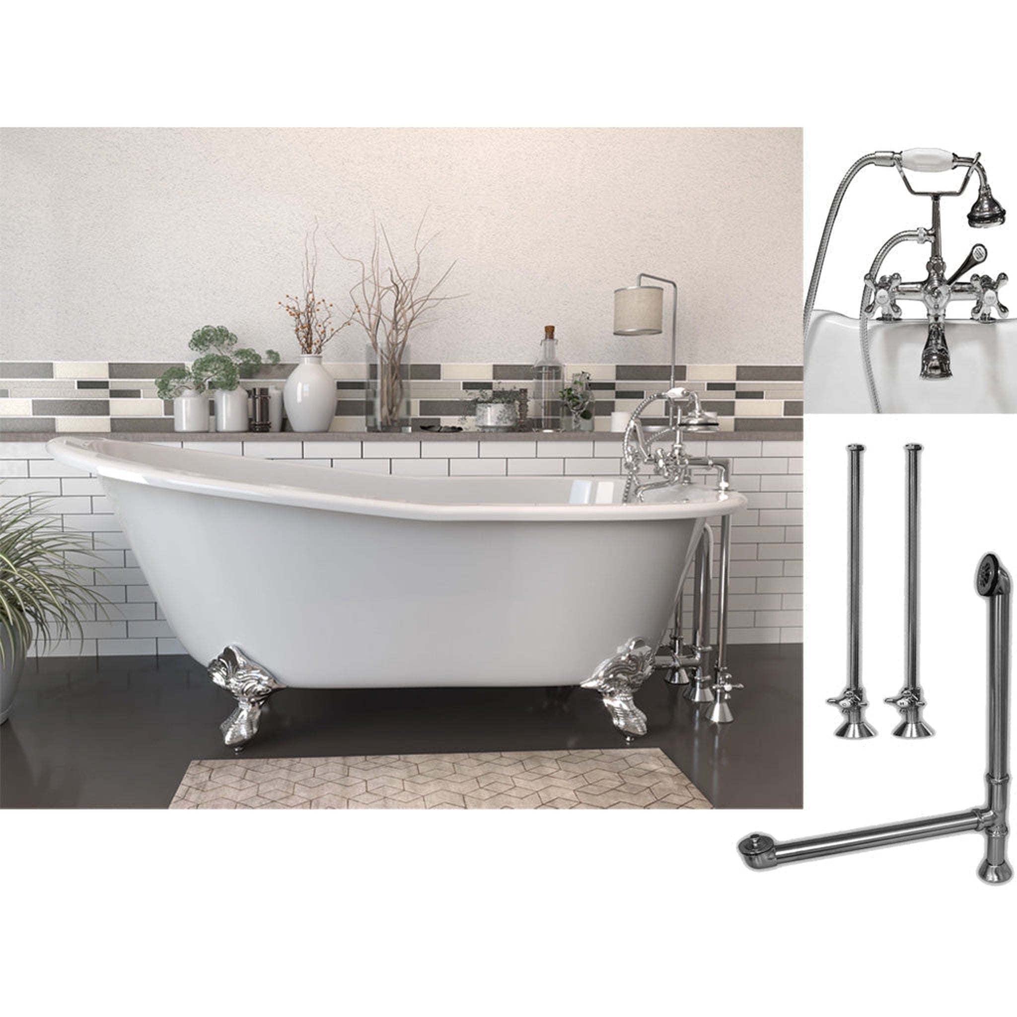 Cambridge Plumbing, Cambridge Plumbing 61" White Cast Iron Clawfoot Bathtub With Deck Holes And Complete Plumbing Package Including 2” Riser Deck Mount Faucet, Supply Lines, Drain And Overflow Assembly In Polished Chrome