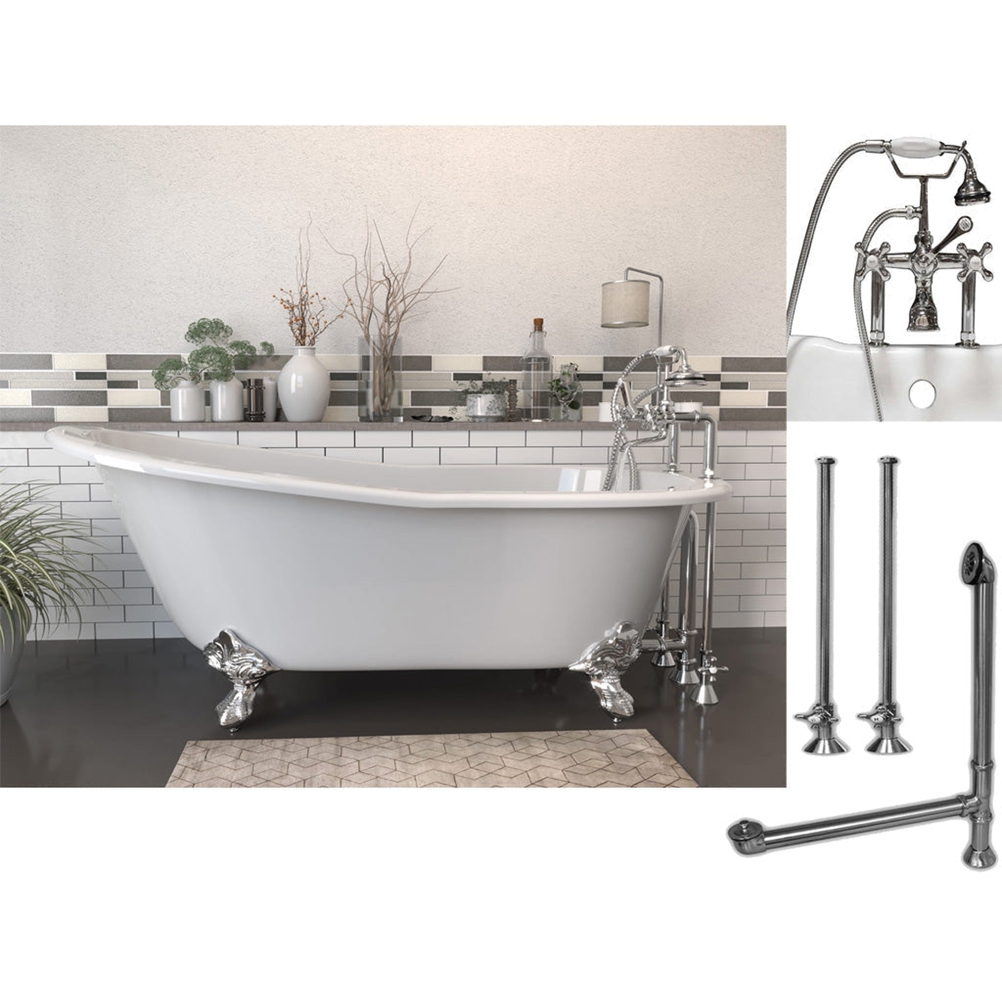 Cambridge Plumbing, Cambridge Plumbing 61" White Cast Iron Clawfoot Bathtub With Deck Holes And Complete Plumbing Package Including 6” Riser Deck Mount Faucet, Supply Lines, Drain And Overflow Assembly In Polished Chrome