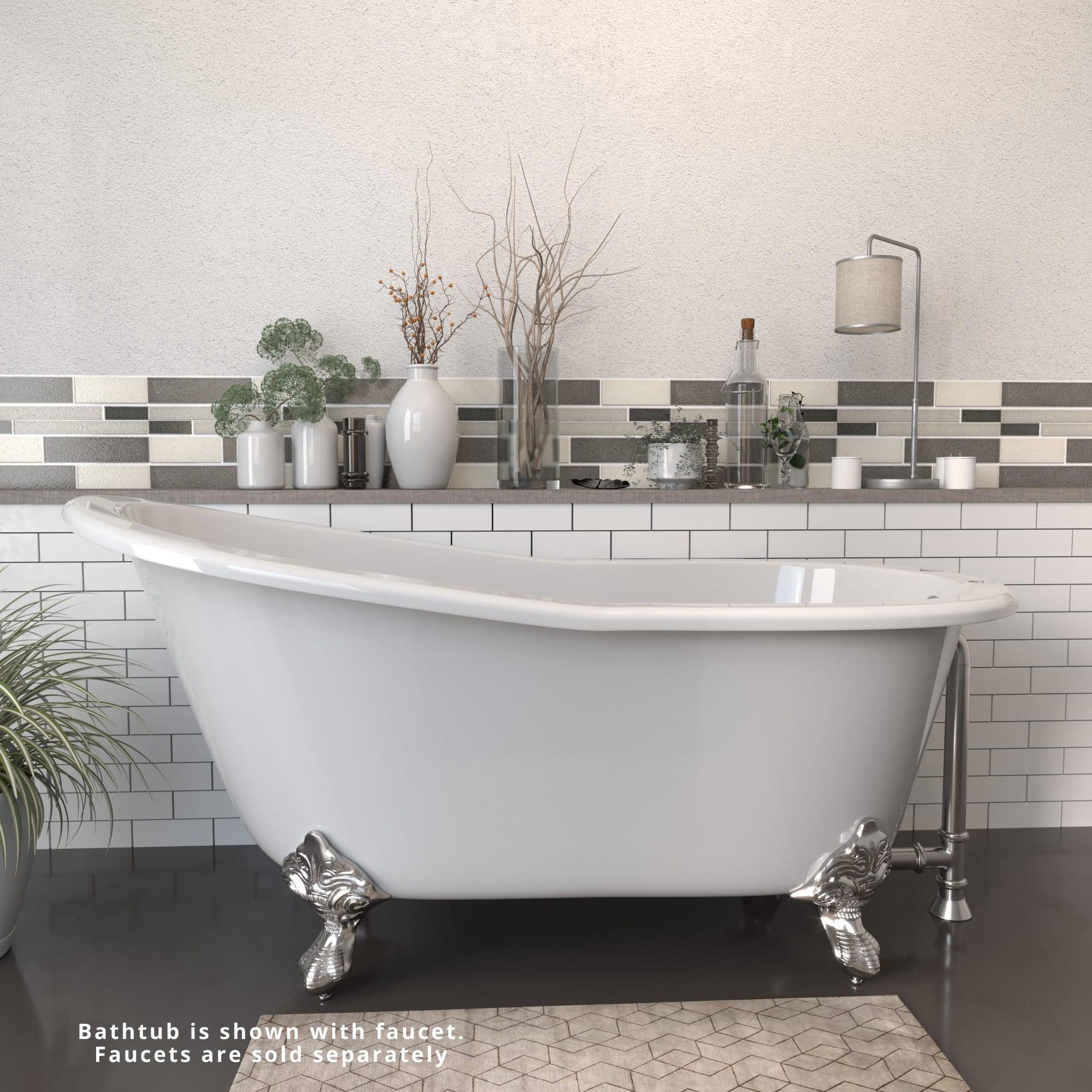 Cambridge Plumbing, Cambridge Plumbing 61" White Cast Iron Clawfoot Bathtub With Deck Holes With Brushed Nickel Feet