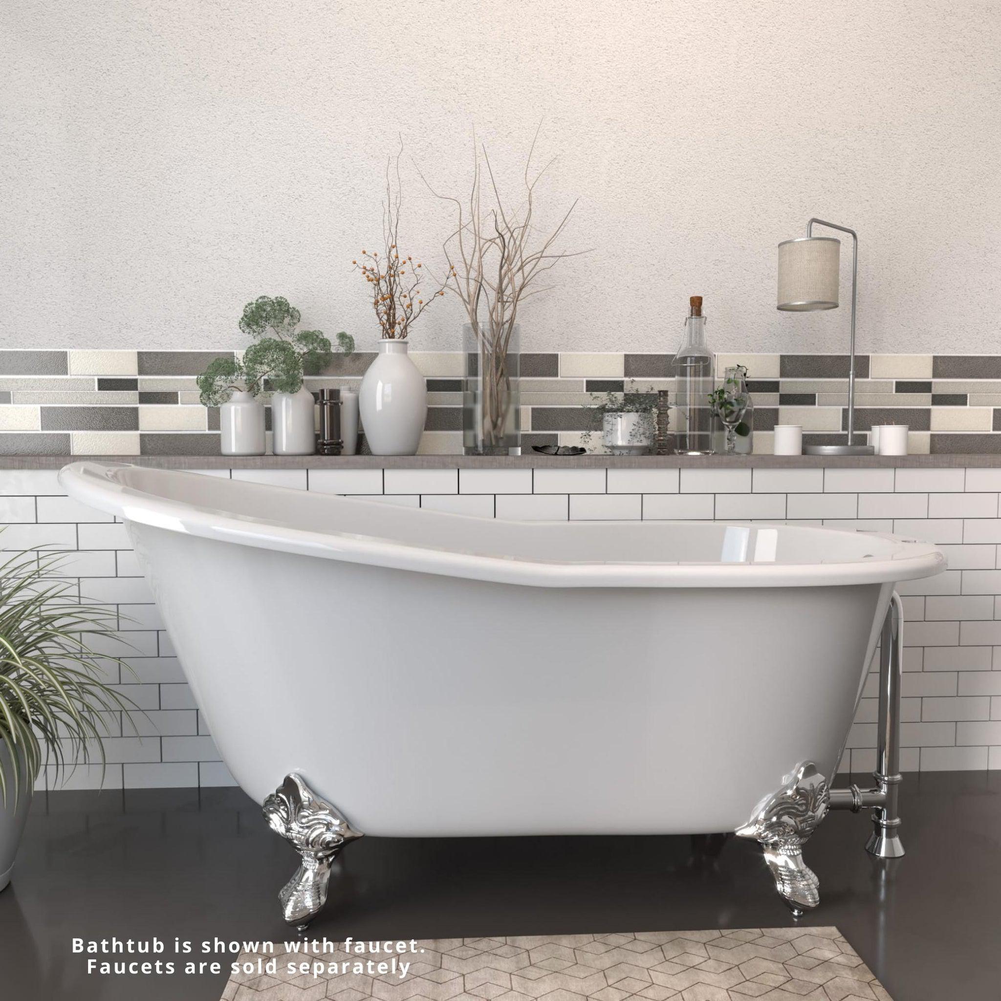 Cambridge Plumbing, Cambridge Plumbing 61" White Cast Iron Clawfoot Bathtub With Deck Holes With Polished Chrome Feet