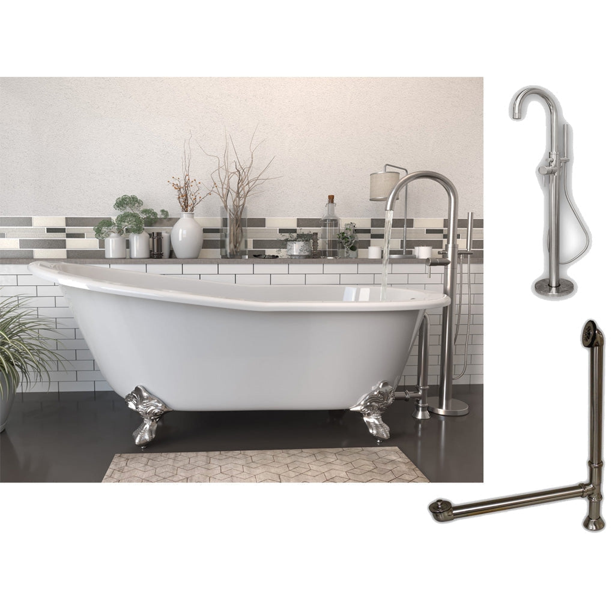 Cambridge Plumbing, Cambridge Plumbing 61" White Cast Iron Clawfoot Bathtub With No Deck Holes And Complete Plumbing Package Including Modern Floor Mounted Faucet, Drain And Overflow Assembly In Brushed Nickel