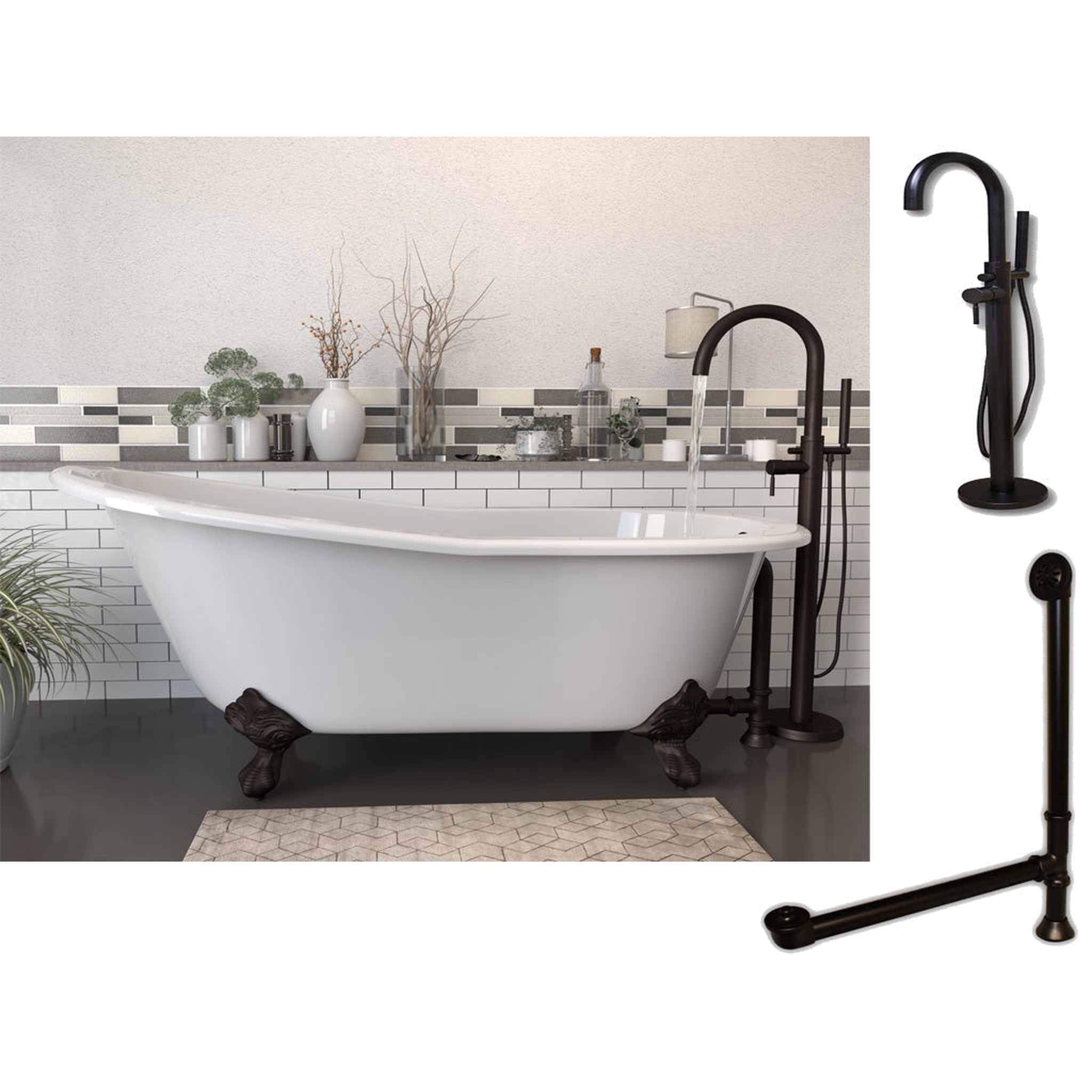 Cambridge Plumbing, Cambridge Plumbing 61" White Cast Iron Clawfoot Bathtub With No Deck Holes And Complete Plumbing Package Including Modern Floor Mounted Faucet, Drain And Overflow Assembly In Oil Rubbed Bronze