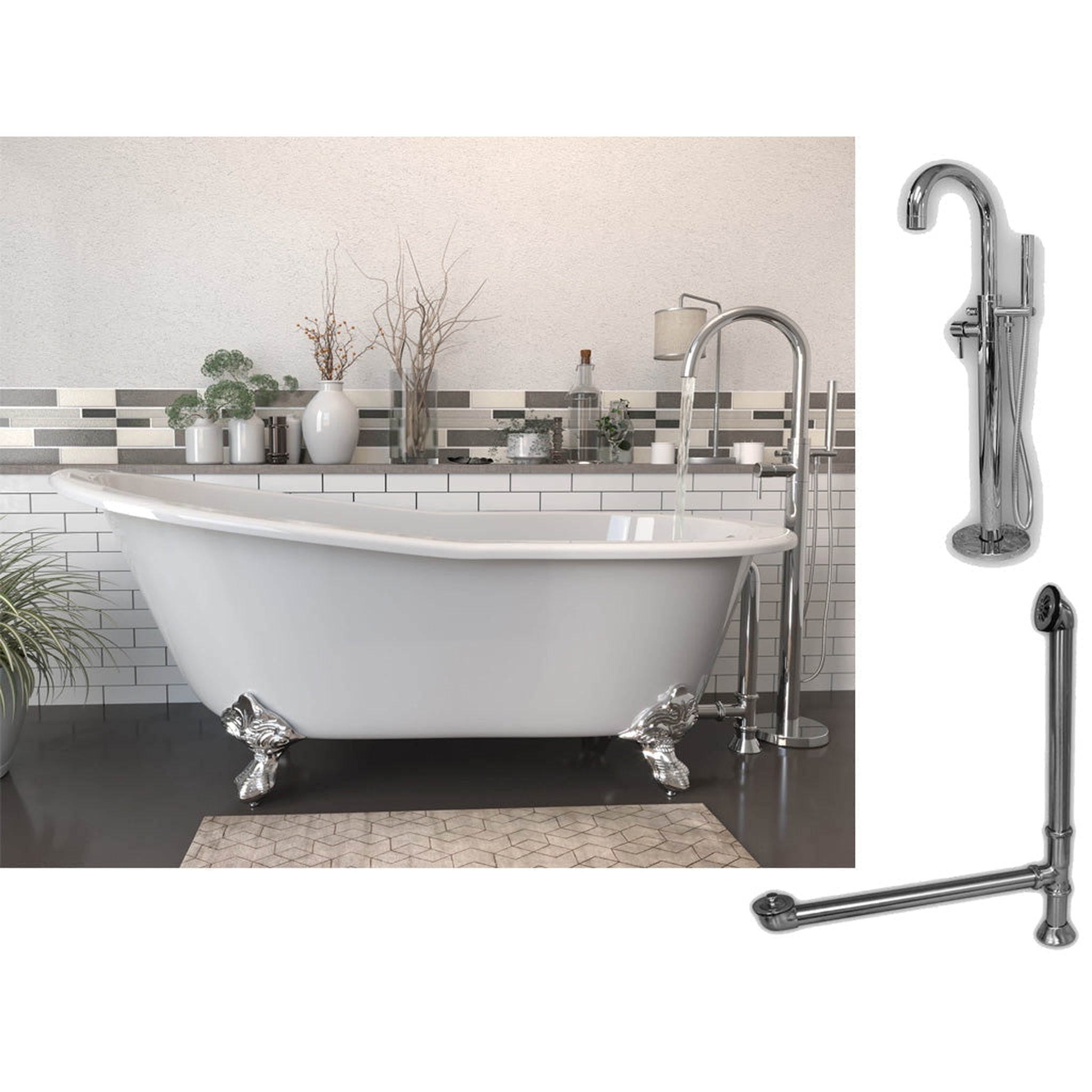 Cambridge Plumbing, Cambridge Plumbing 61" White Cast Iron Clawfoot Bathtub With No Deck Holes And Complete Plumbing Package Including Modern Floor Mounted Faucet, Drain And Overflow Assembly In Polished Chrome