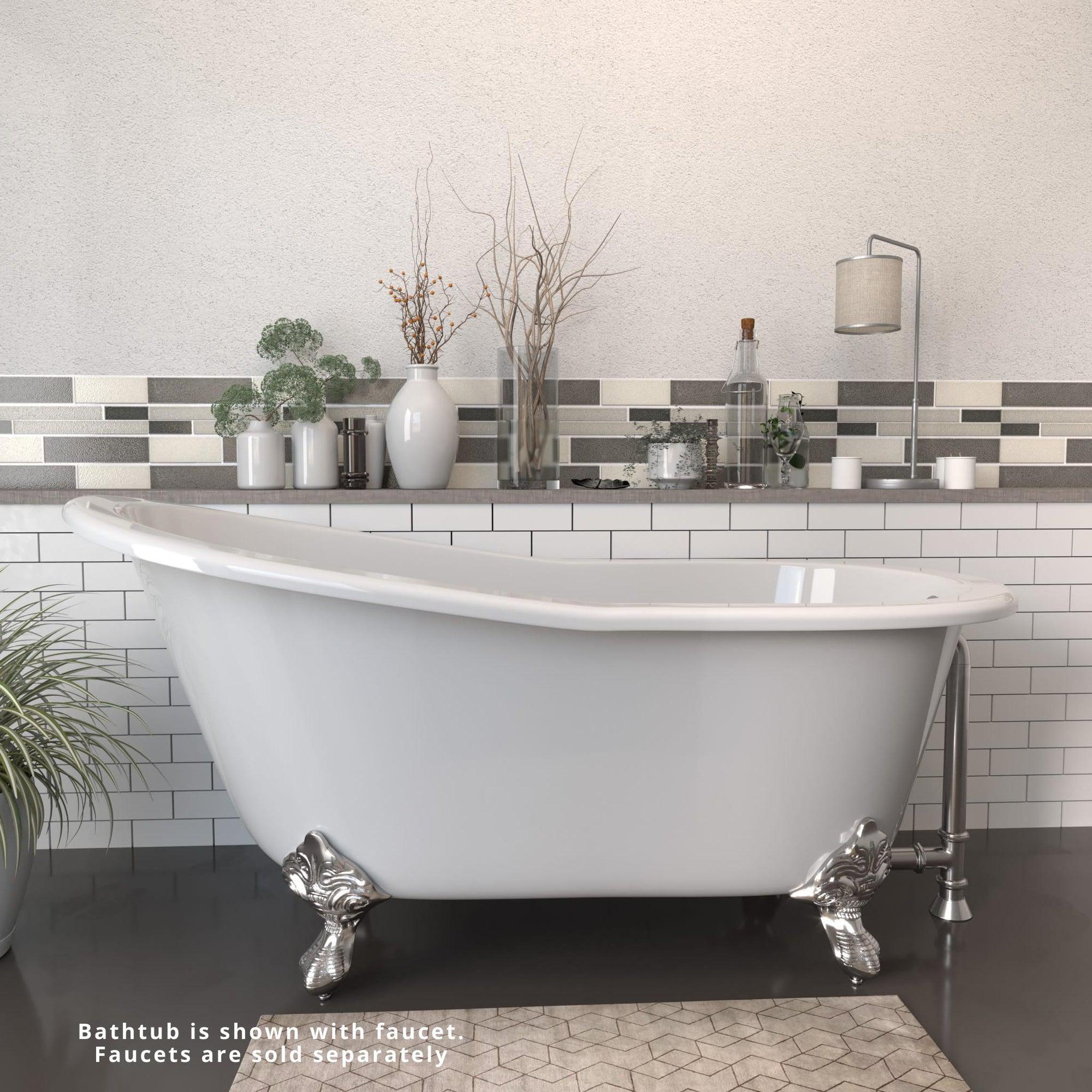 Cambridge Plumbing, Cambridge Plumbing 61" White Cast Iron Clawfoot Bathtub With No Faucet Holes With Brushed Nickel Feet