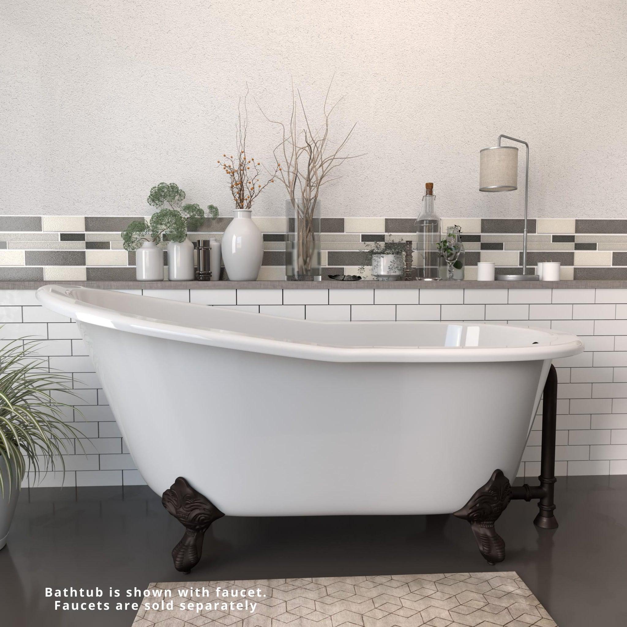 Cambridge Plumbing, Cambridge Plumbing 61" White Cast Iron Clawfoot Bathtub With No Faucet Holes With Oil Rubbed Bronze Feet