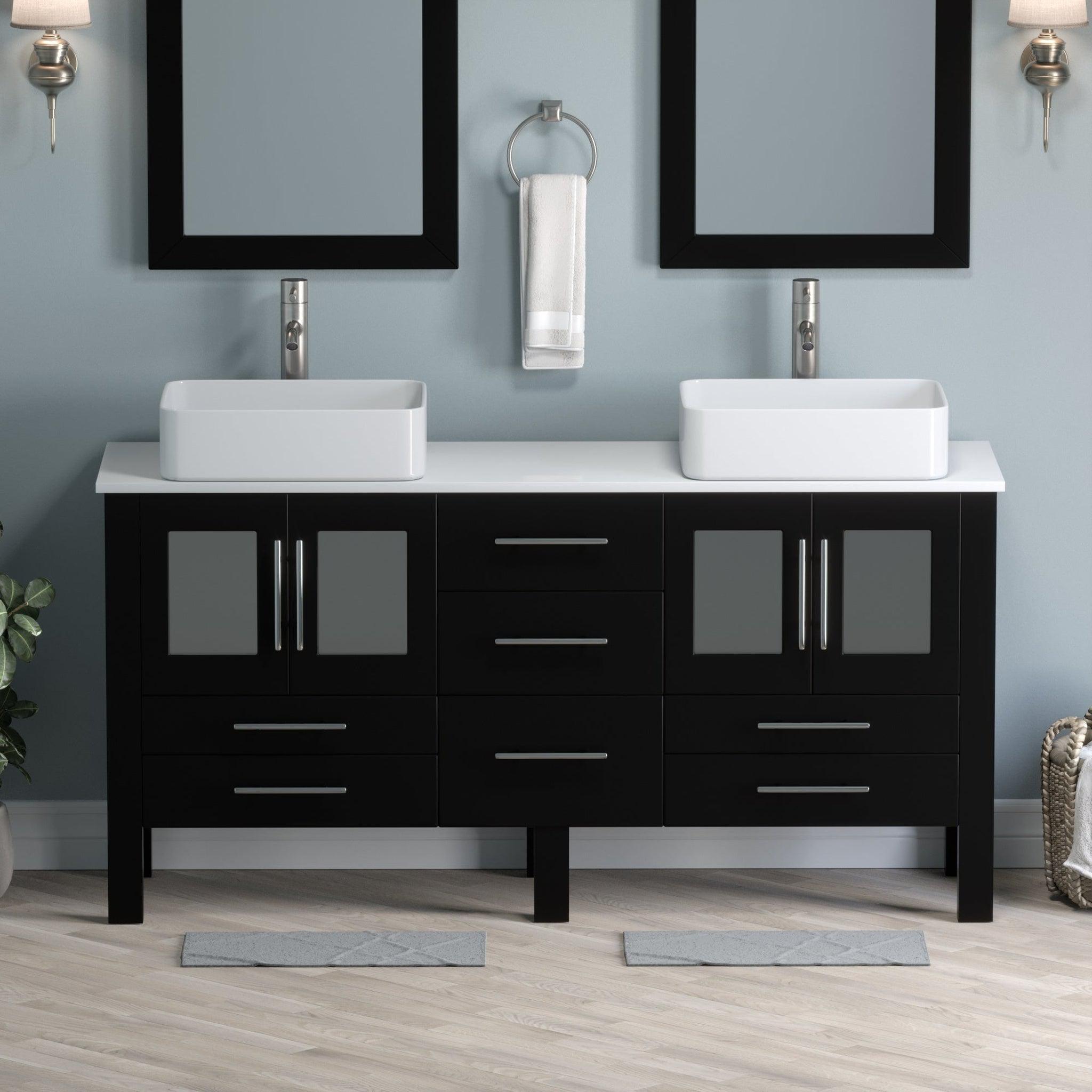 Cambridge Plumbing, Cambridge Plumbing 63" Black Espresso Wood Double Vanity Set With Porcelain Countertop And Rectangular Vessel Sink With Brushed Nickel Plumbing Finish