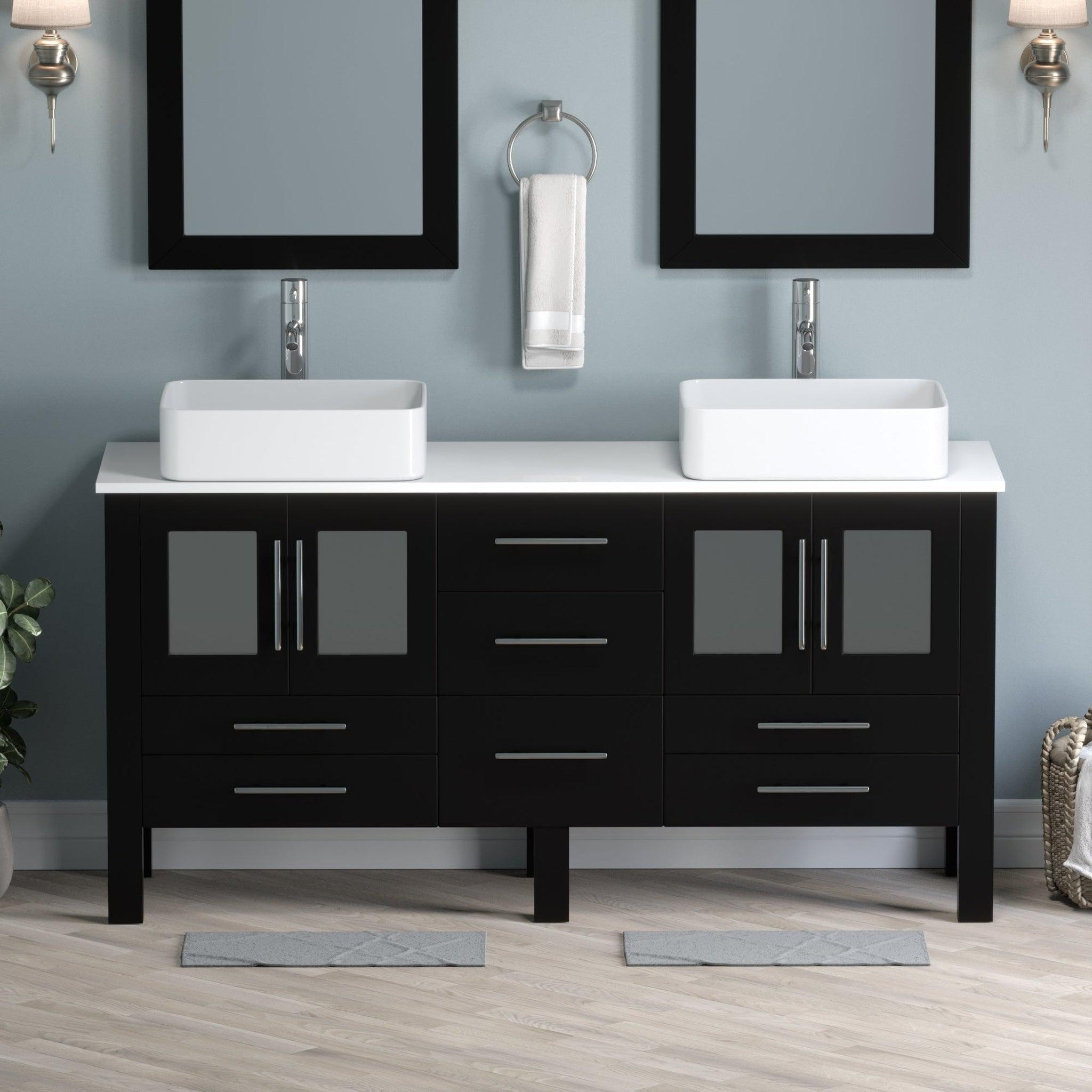 Cambridge Plumbing, Cambridge Plumbing 63" Black Espresso Wood Double Vanity Set With Porcelain Countertop And Rectangular Vessel Sink With Polished Chrome Plumbing Finish