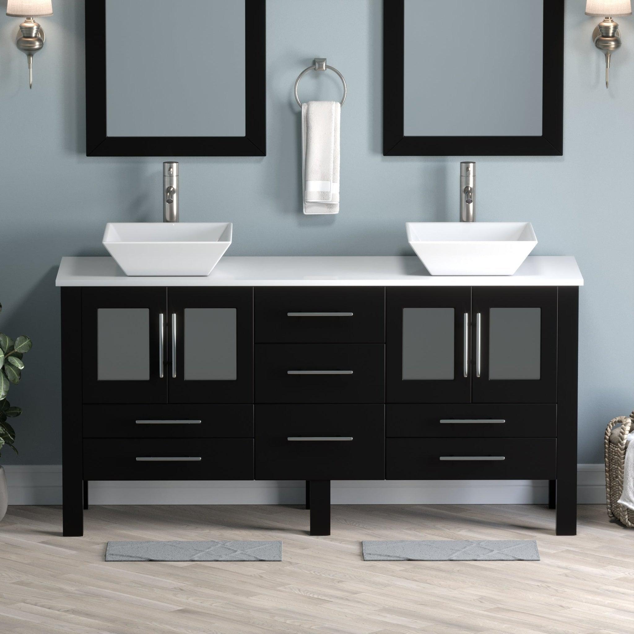 Cambridge Plumbing, Cambridge Plumbing 63" Black Espresso Wood Double Vanity Set With Porcelain Countertop And Square Vessel Sink With Brushed Nickel Plumbing Finish