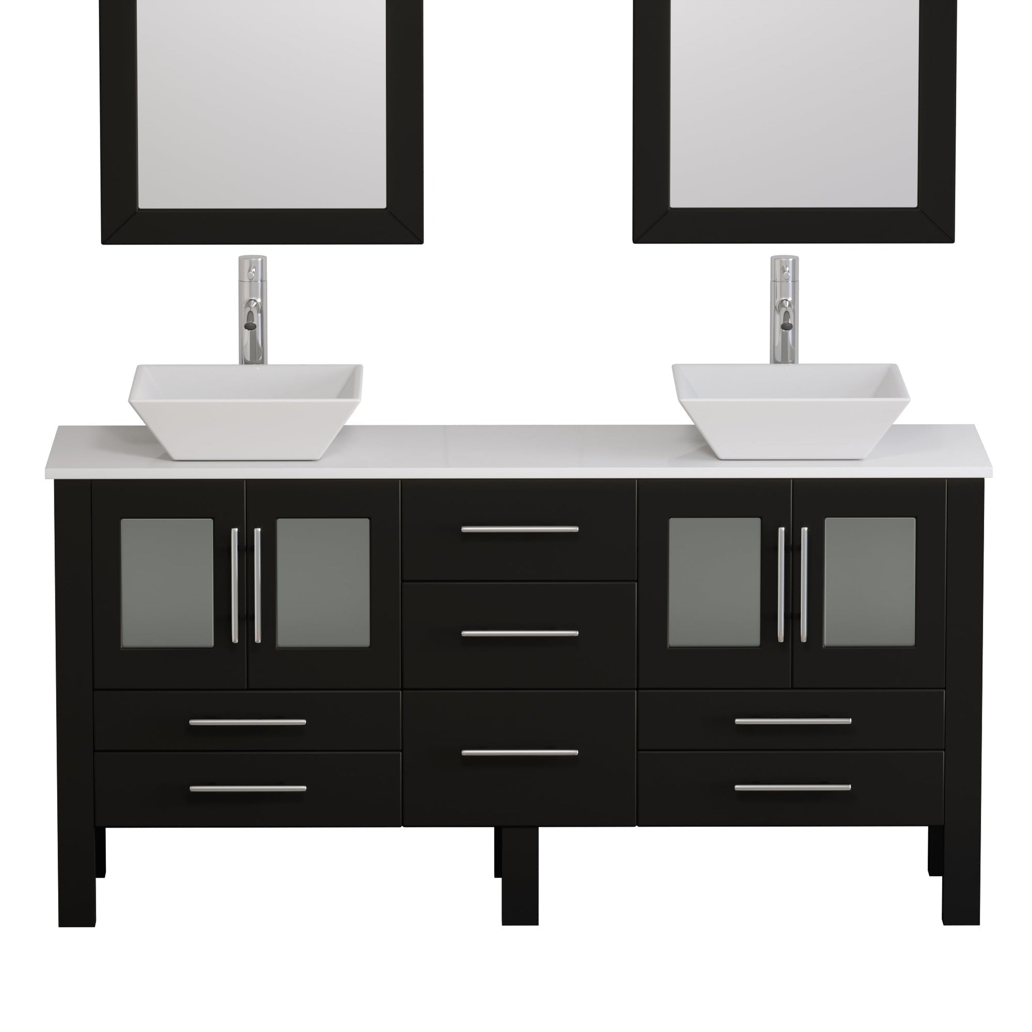 Cambridge Plumbing, Cambridge Plumbing 63" Black Espresso Wood Double Vanity Set With Porcelain Countertop And Square Vessel Sink With Polished Chrome Plumbing Finish