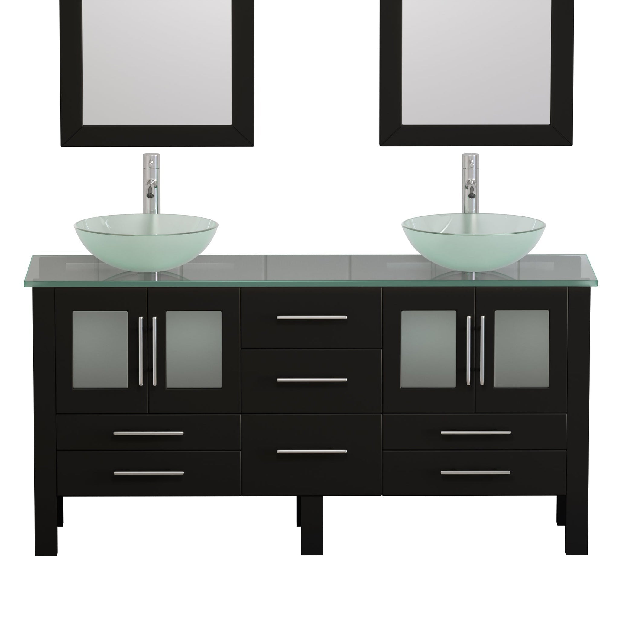 Cambridge Plumbing, Cambridge Plumbing 63" Black Espresso Wood Double Vanity Set With Tempered Glass Countertop And Circular Vessel Sink With Polished Chrome Plumbing Finish