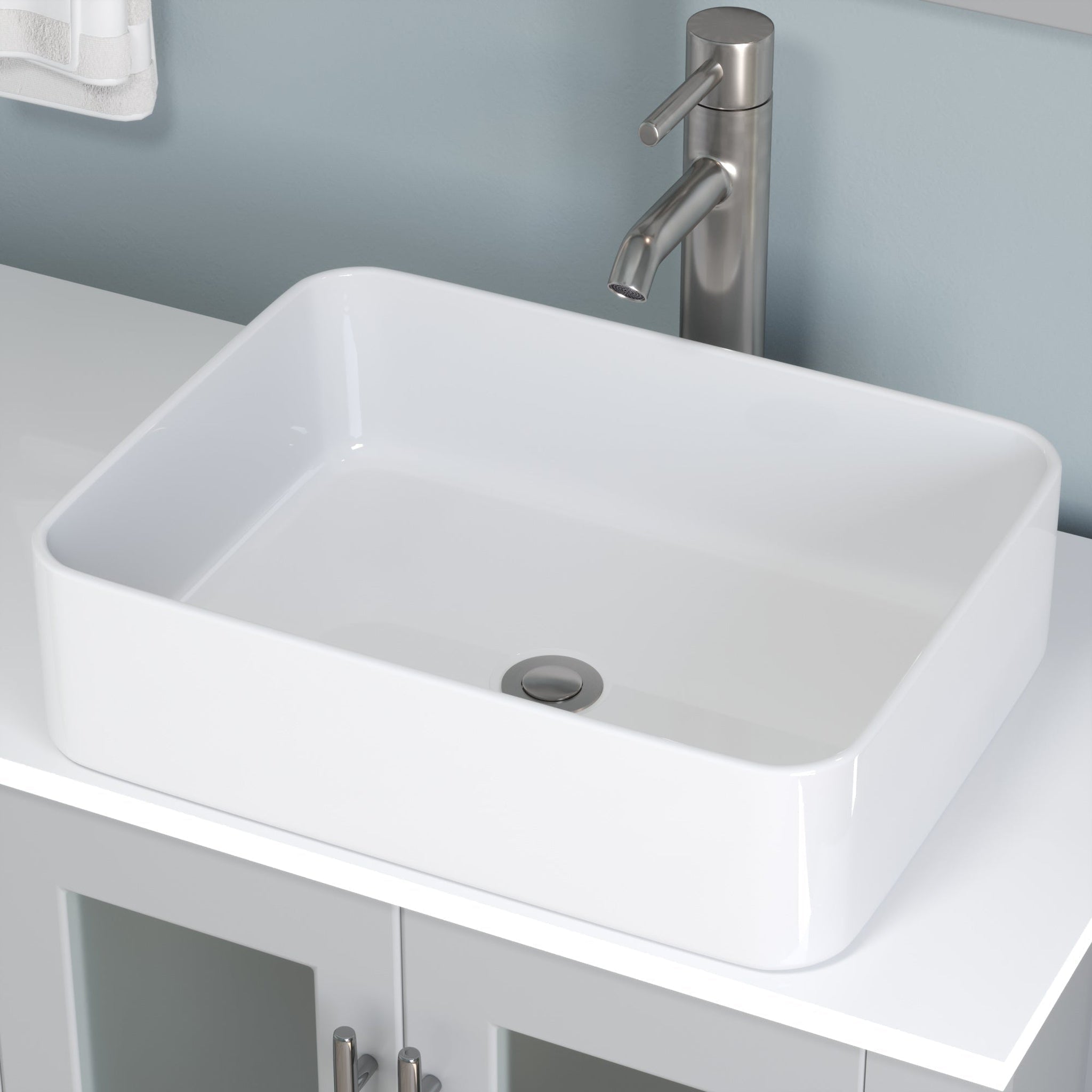 Cambridge Plumbing, Cambridge Plumbing 63" Gray Wood Double Vanity Set With Porcelain Countertop And Rectangular Vessel Sink With Brushed Nickel Plumbing Finish