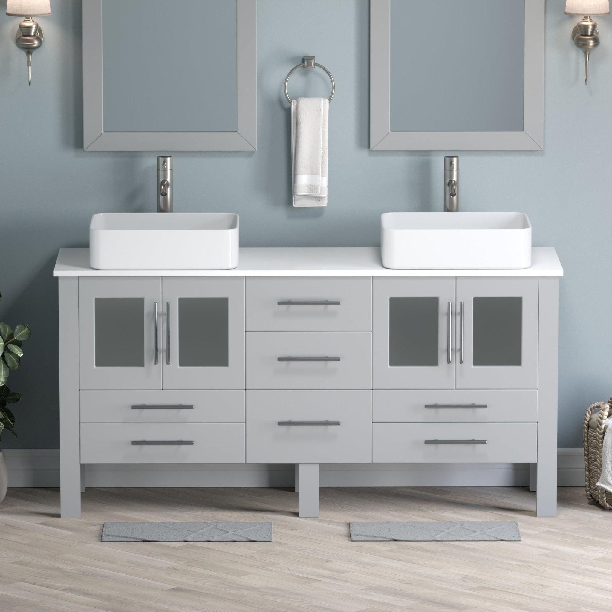 Cambridge Plumbing, Cambridge Plumbing 63" Gray Wood Double Vanity Set With Porcelain Countertop And Rectangular Vessel Sink With Brushed Nickel Plumbing Finish