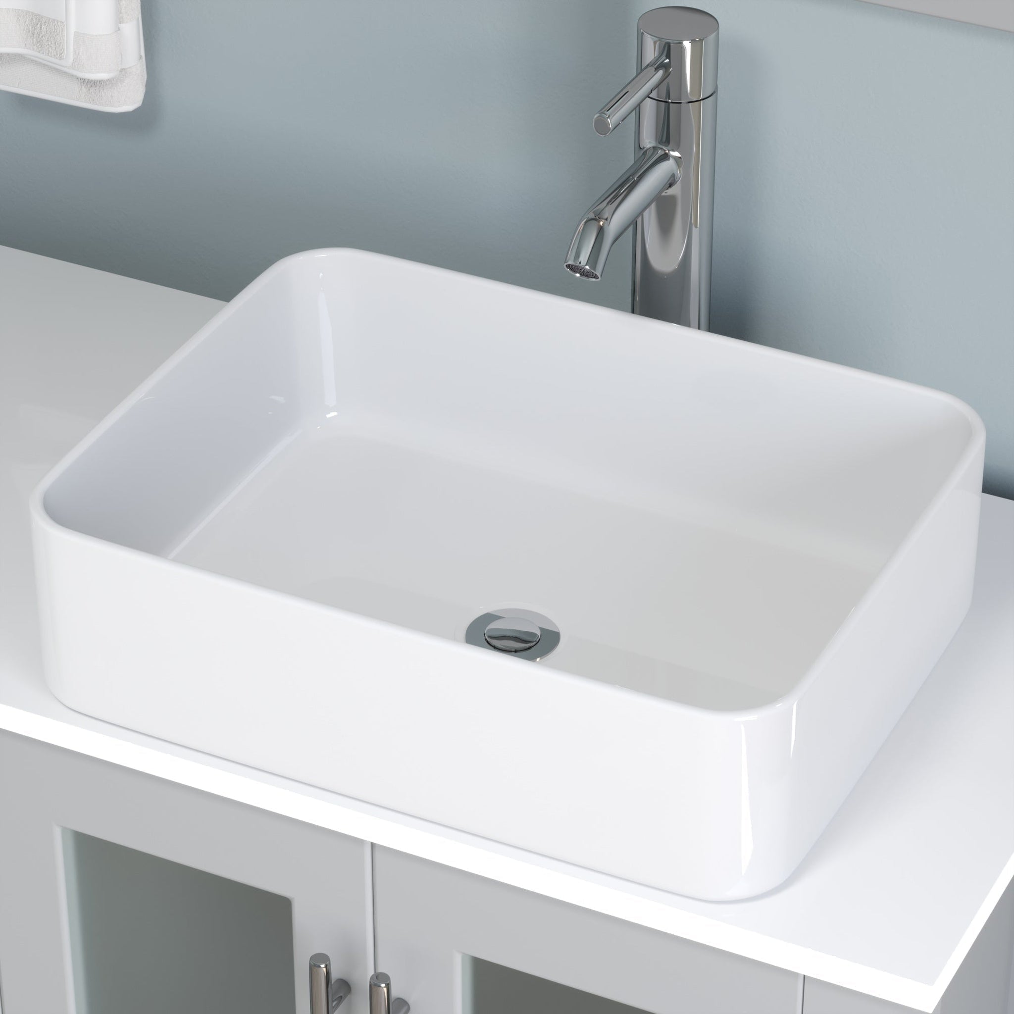 Cambridge Plumbing, Cambridge Plumbing 63" Gray Wood Double Vanity Set With Porcelain Countertop And Rectangular Vessel Sink With Polished Chrome Plumbing Finish