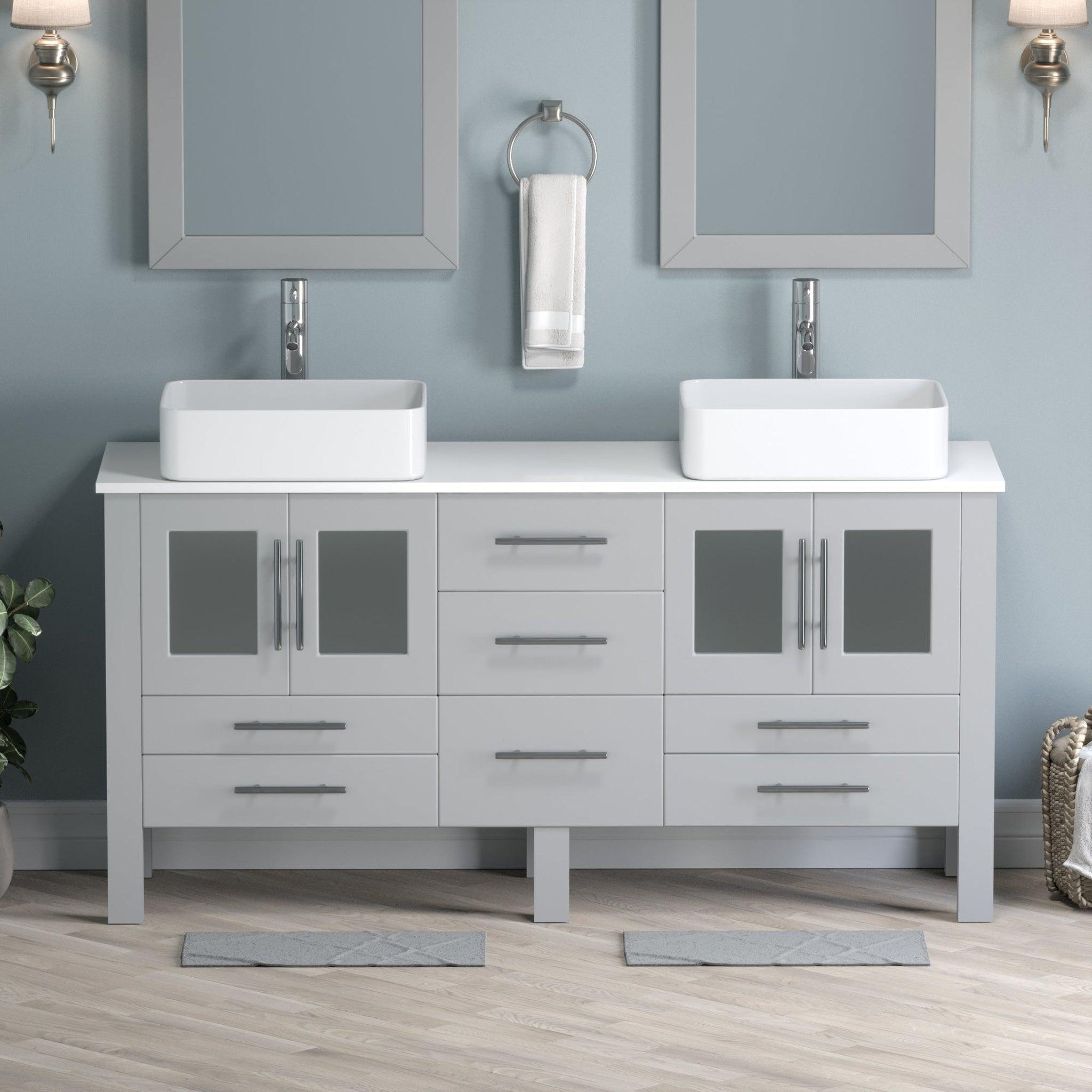 Cambridge Plumbing, Cambridge Plumbing 63" Gray Wood Double Vanity Set With Porcelain Countertop And Rectangular Vessel Sink With Polished Chrome Plumbing Finish