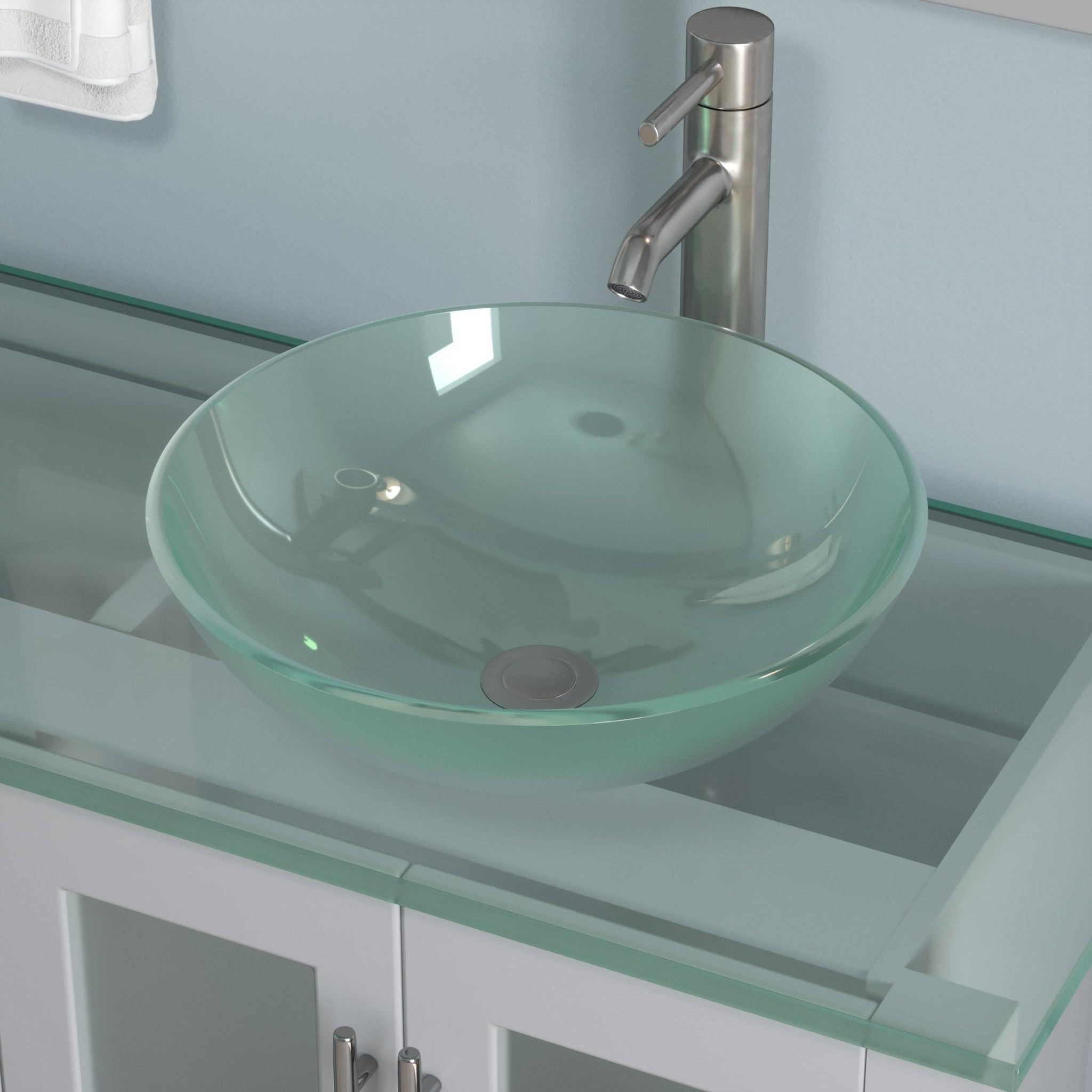 Cambridge Plumbing, Cambridge Plumbing 63" Gray Wood Double Vanity Set With Tempered Glass Countertop And Circular Vessel Sink With Brushed Nickel Plumbing Finish