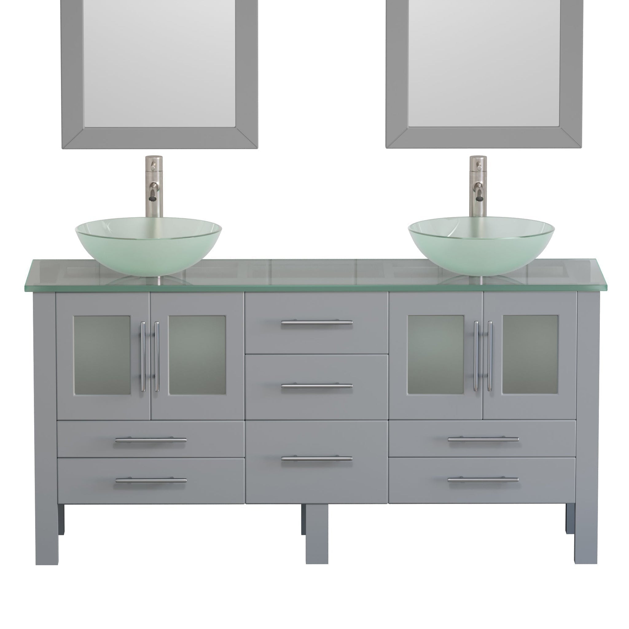 Cambridge Plumbing, Cambridge Plumbing 63" Gray Wood Double Vanity Set With Tempered Glass Countertop And Circular Vessel Sink With Brushed Nickel Plumbing Finish