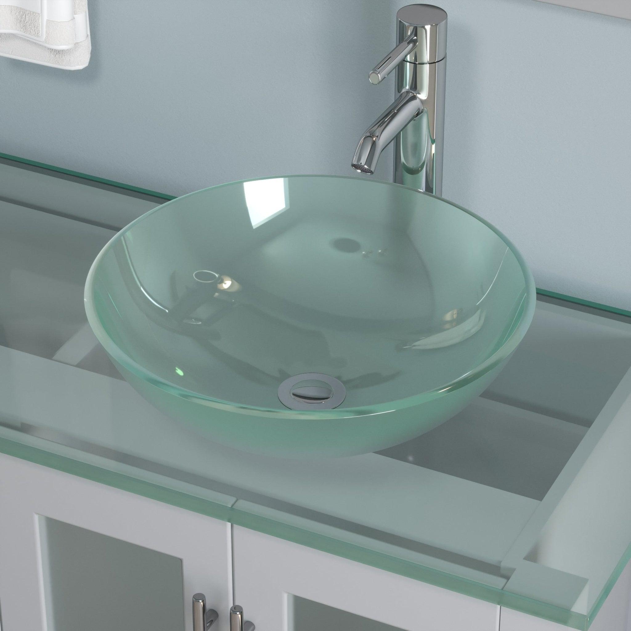 Cambridge Plumbing, Cambridge Plumbing 63" Gray Wood Double Vanity Set With Tempered Glass Countertop And Circular  Vessel Sink With Polished Chrome Plumbing Finish