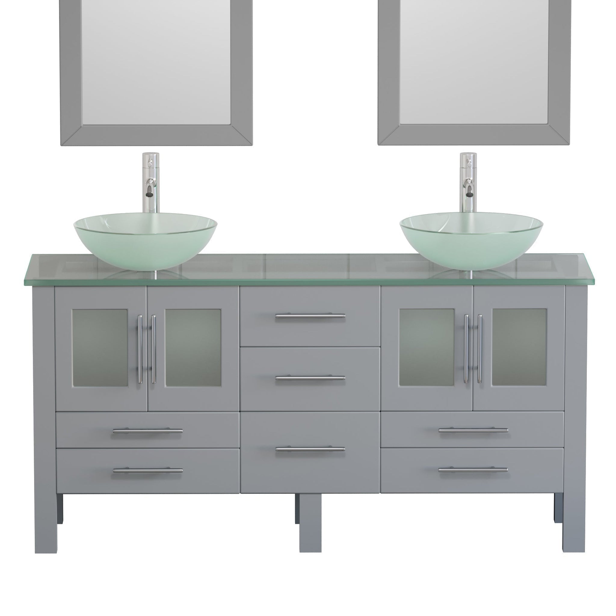 Cambridge Plumbing, Cambridge Plumbing 63" Gray Wood Double Vanity Set With Tempered Glass Countertop And Circular  Vessel Sink With Polished Chrome Plumbing Finish