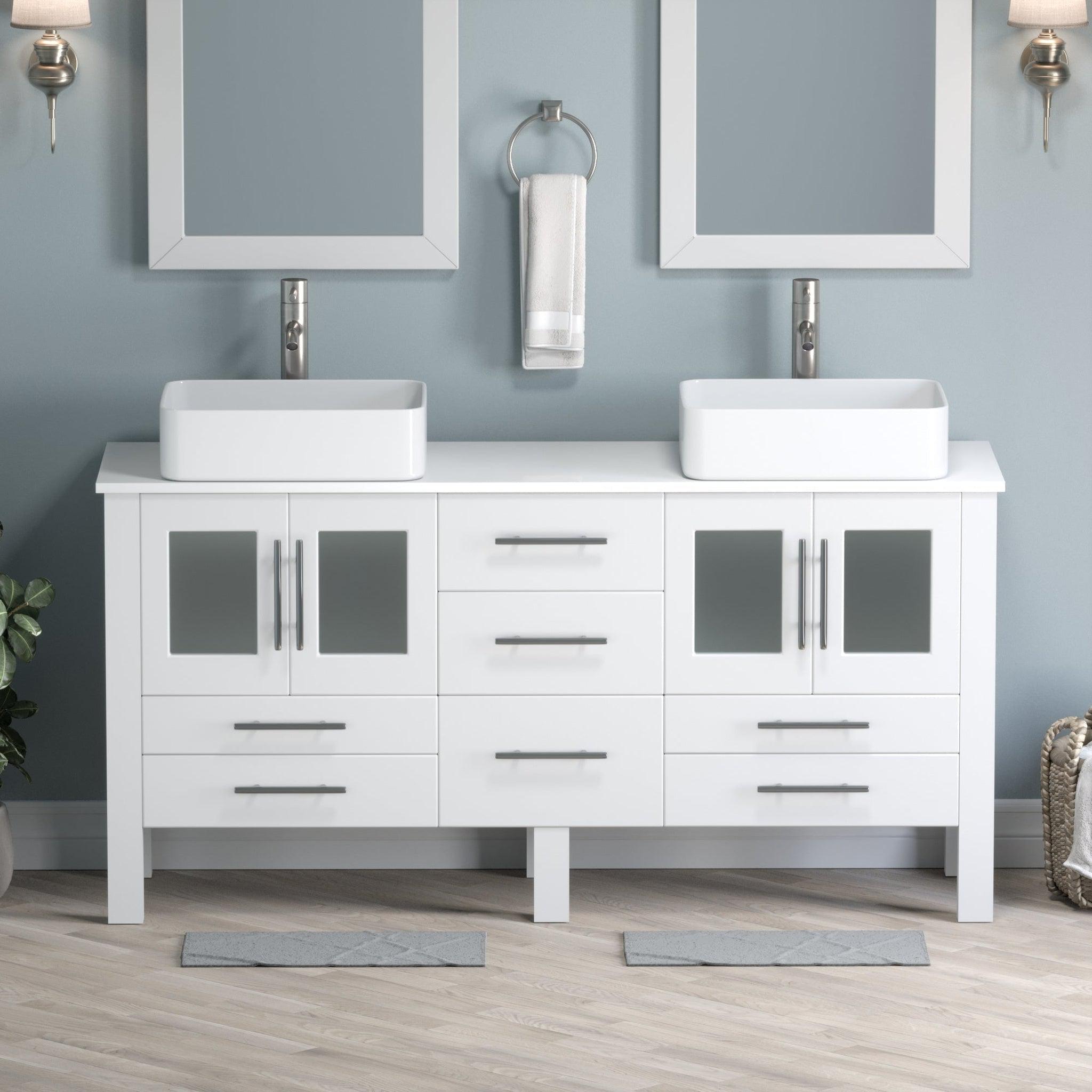 Cambridge Plumbing, Cambridge Plumbing 63" White Wood Double Vanity Set With Porcelain Countertop And Rectangular Vessel Sink With Brushed Nickel Plumbing Finish