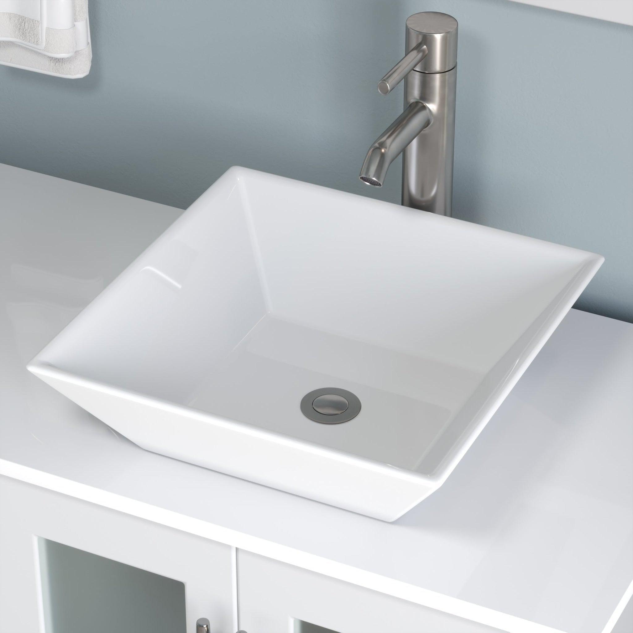 Cambridge Plumbing, Cambridge Plumbing 63" White Wood Double Vanity Set With Porcelain Countertop And Square Vessel Sink With Brushed Nickel Plumbing Finish