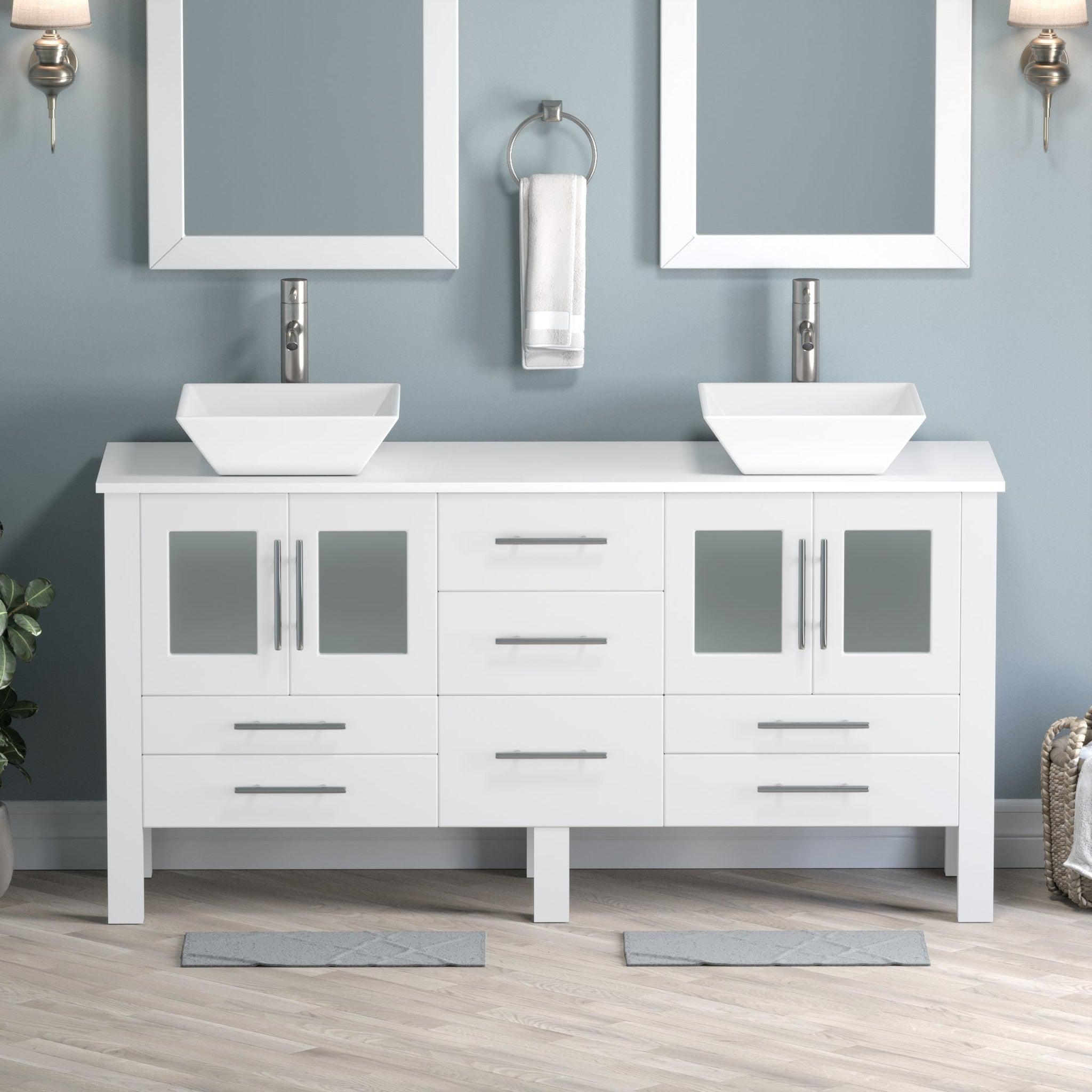 Cambridge Plumbing, Cambridge Plumbing 63" White Wood Double Vanity Set With Porcelain Countertop And Square Vessel Sink With Brushed Nickel Plumbing Finish