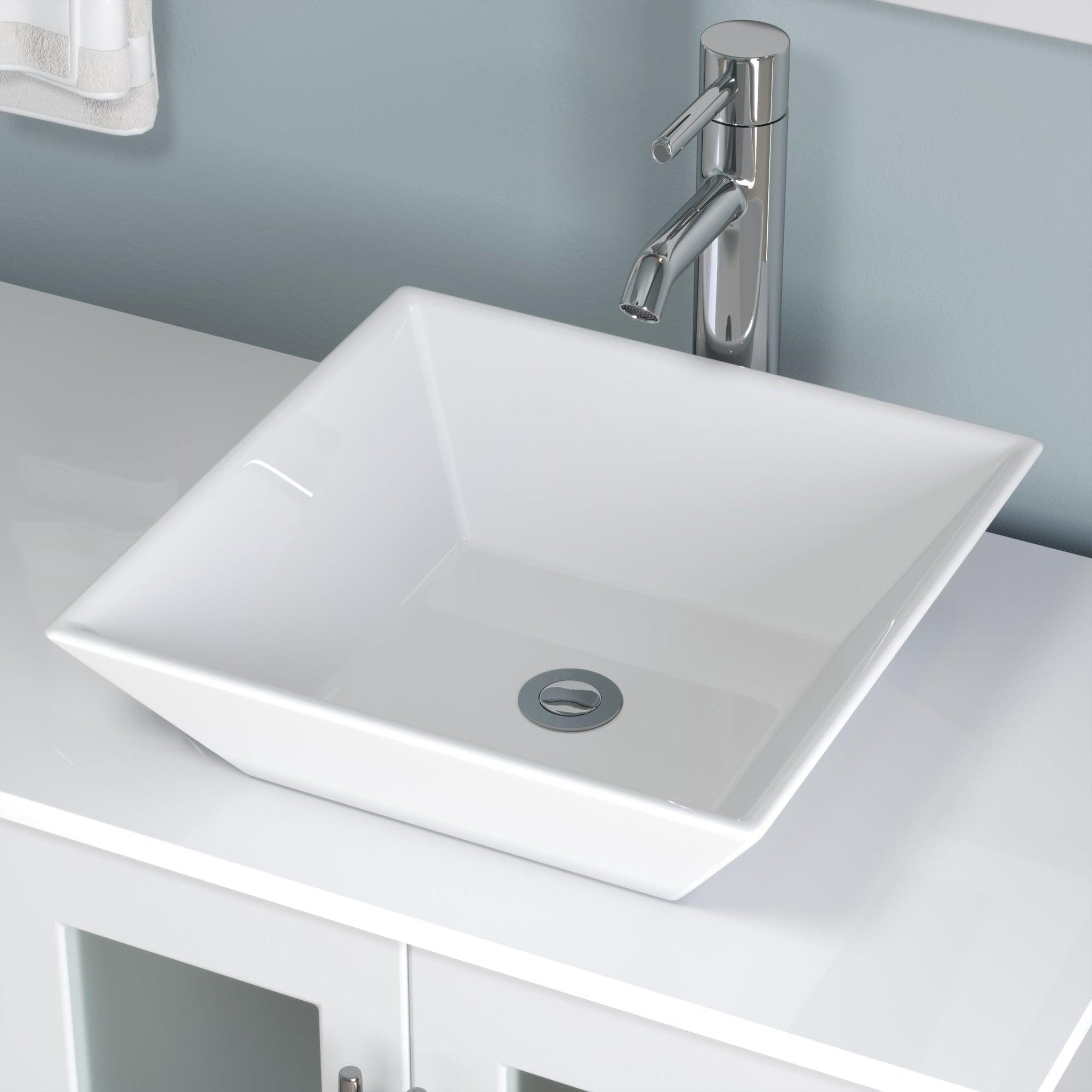 Cambridge Plumbing, Cambridge Plumbing 63" White Wood Double Vanity Set With Porcelain Countertop And Square Vessel Sink With Polished Chrome Plumbing Finish