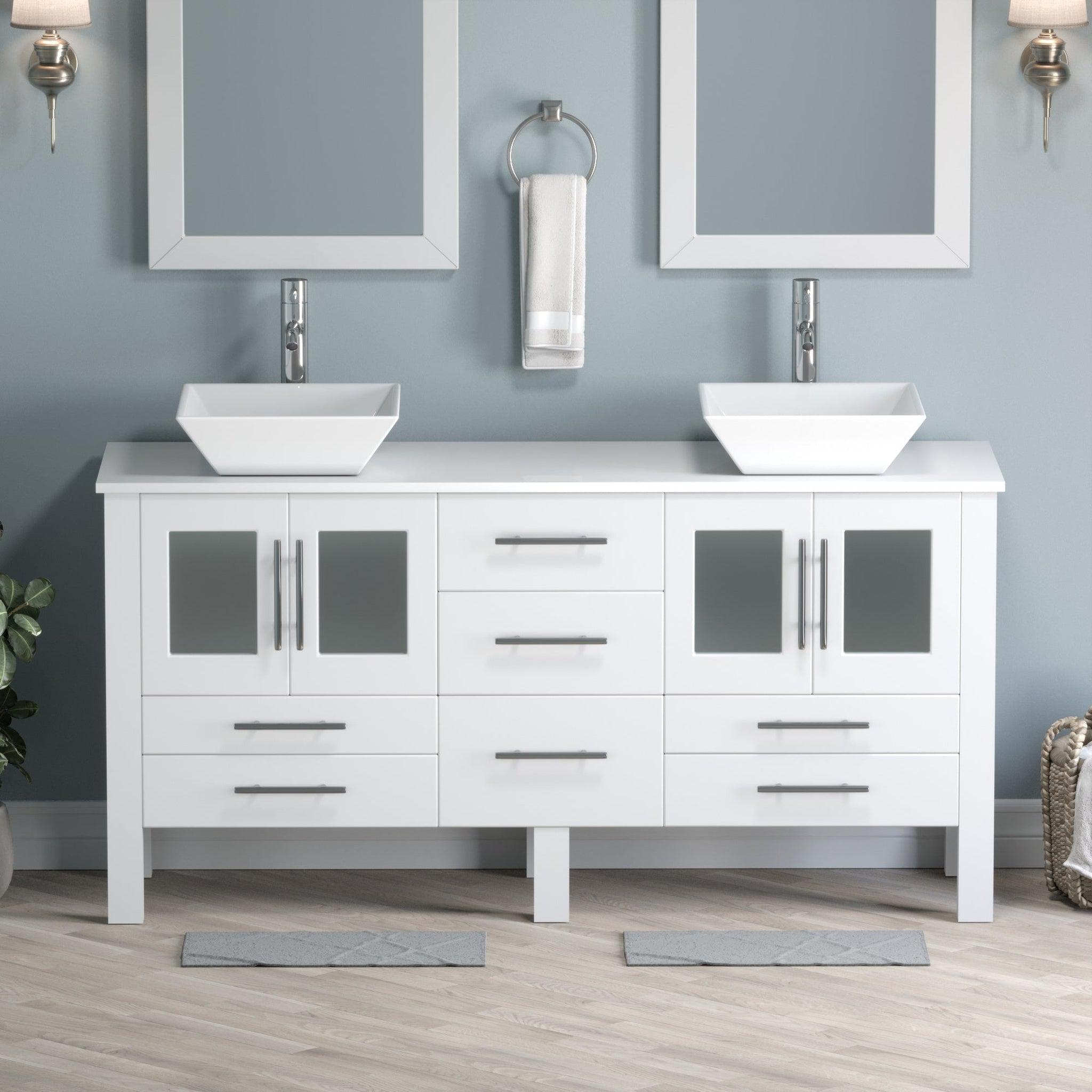 Cambridge Plumbing, Cambridge Plumbing 63" White Wood Double Vanity Set With Porcelain Countertop And Square Vessel Sink With Polished Chrome Plumbing Finish