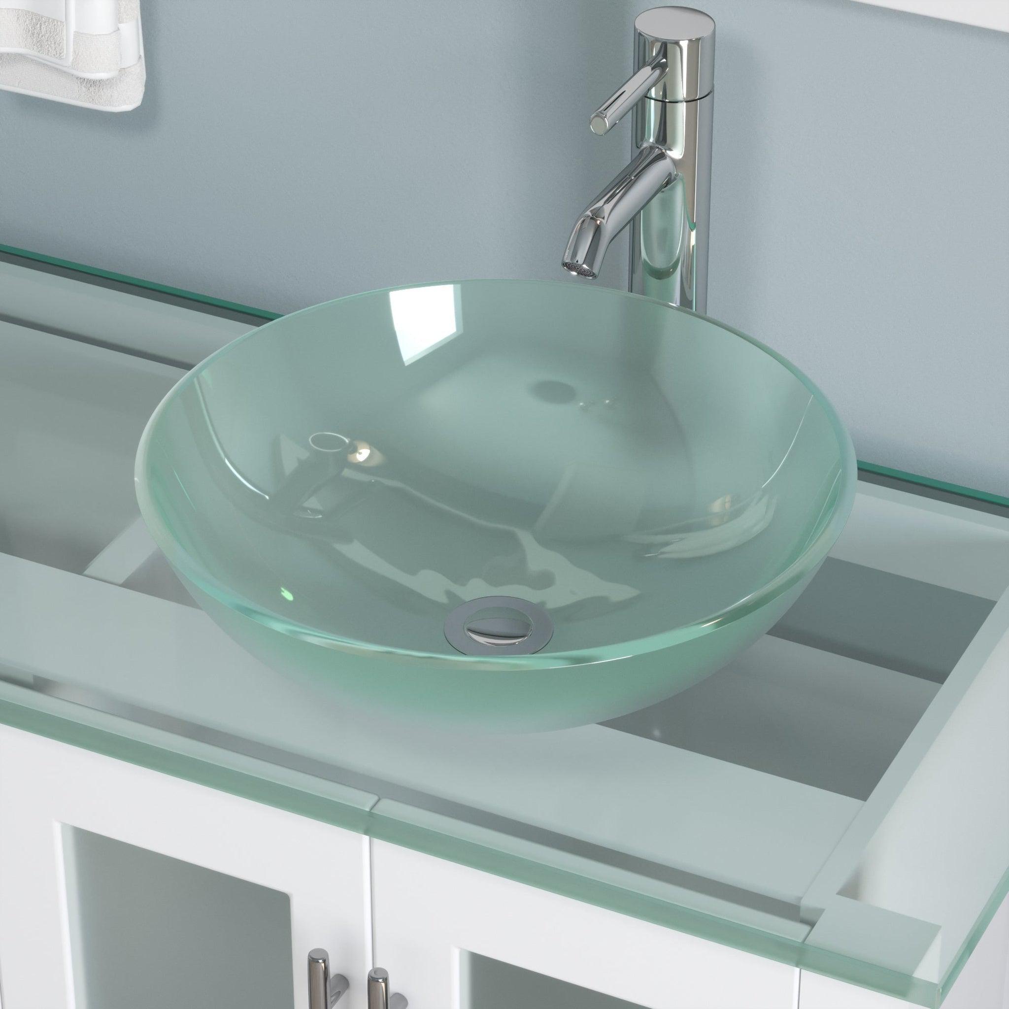 Cambridge Plumbing, Cambridge Plumbing 63" White Wood Double Vanity Set With Tempered Glass Countertop And Circular Vessel Sink With Polished  Chrome Plumbing Finish