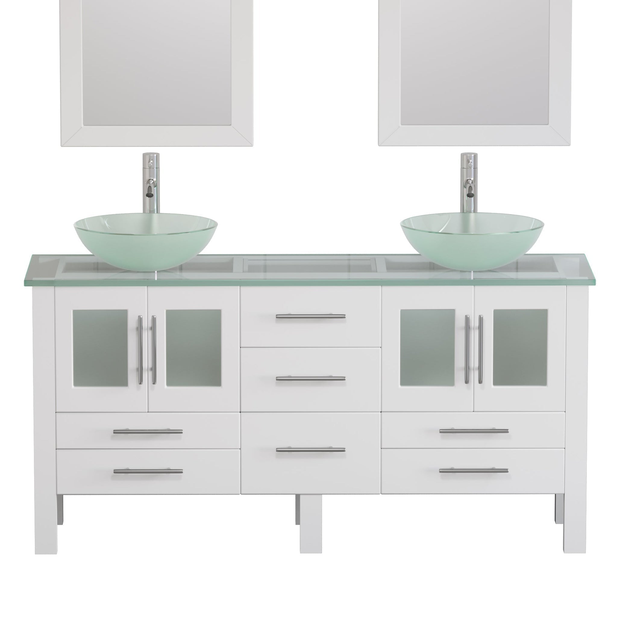 Cambridge Plumbing, Cambridge Plumbing 63" White Wood Double Vanity Set With Tempered Glass Countertop And Circular Vessel Sink With Polished  Chrome Plumbing Finish