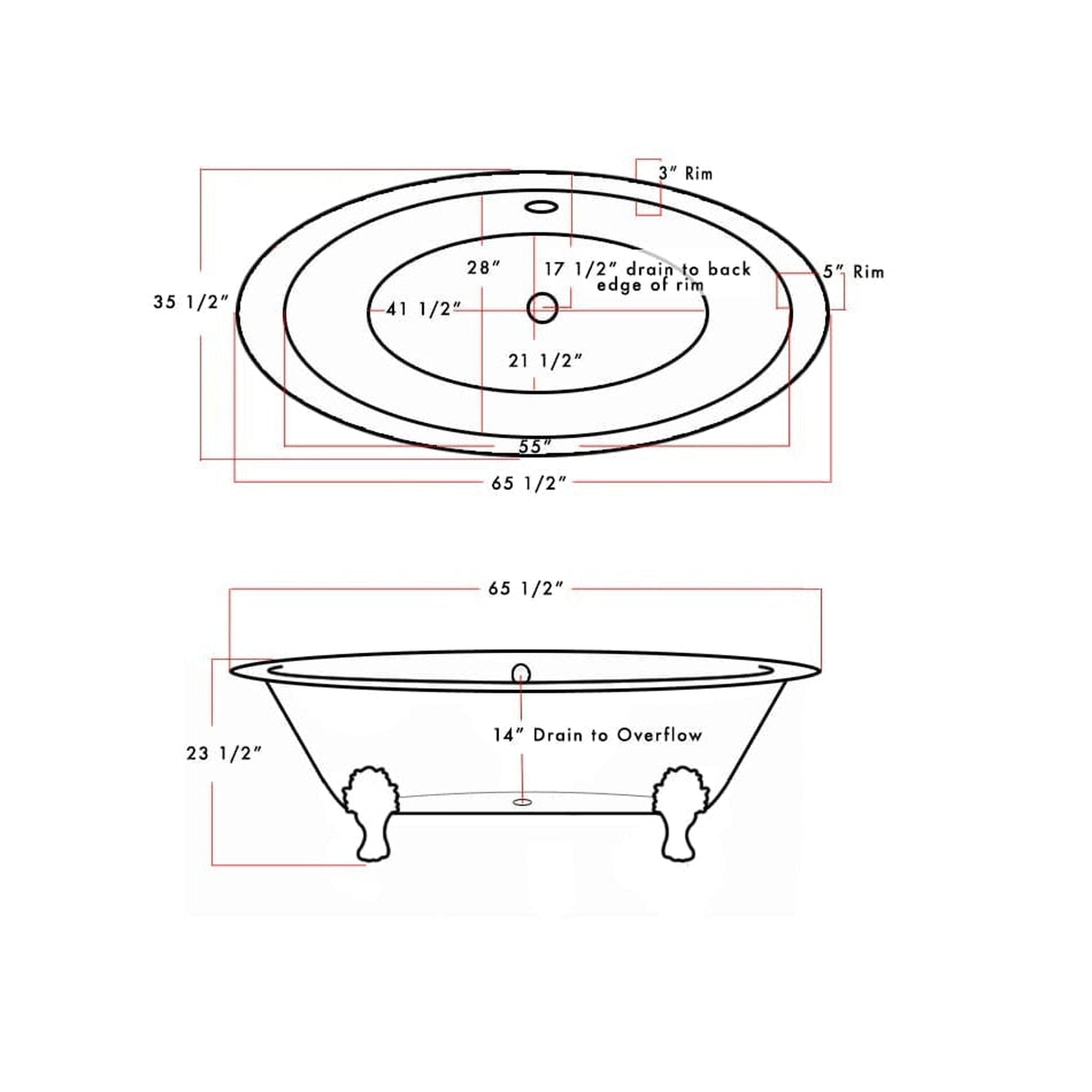 Cambridge Plumbing, Cambridge Plumbing 66" White Cast Iron Double Ended Clawfoot Bathtub With No Faucet Holes With Brushed Nickel Feet