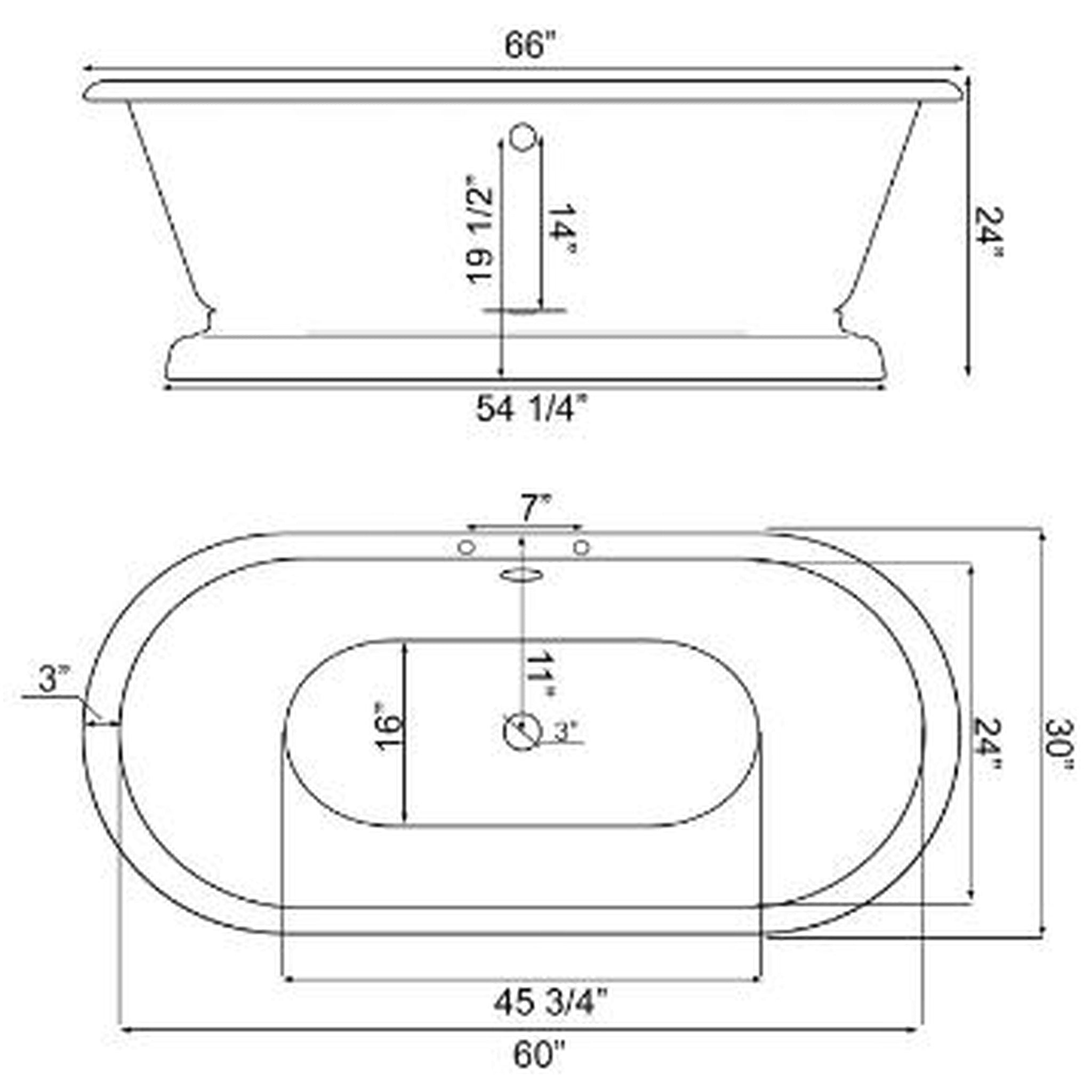 Cambridge Plumbing, Cambridge Plumbing 66" White Cast Iron Double Ended Pedestal Bathtub With Deck Holes