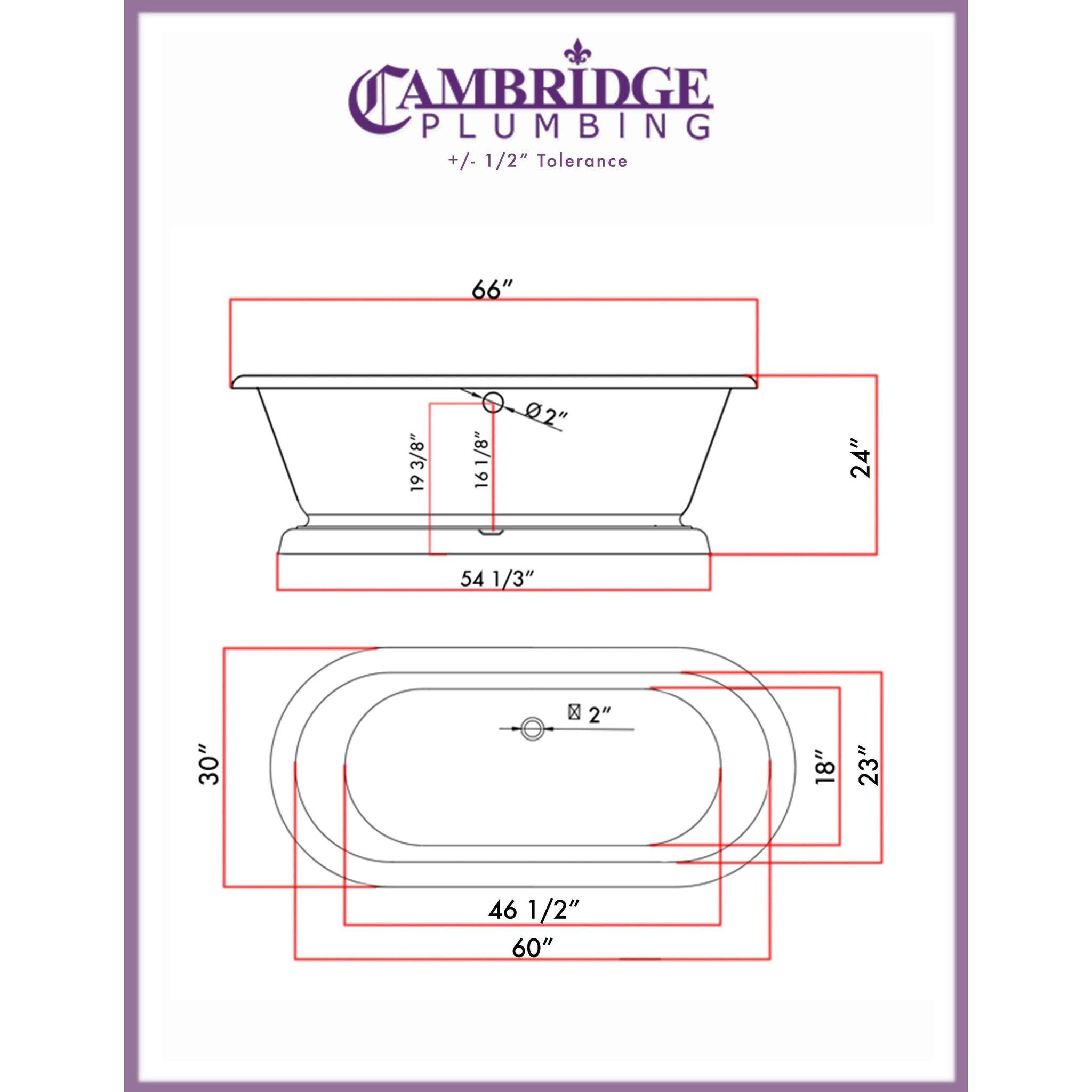 Cambridge Plumbing, Cambridge Plumbing 66" White Cast Iron Double Ended Pedestal Bathtub With No Deck Holes