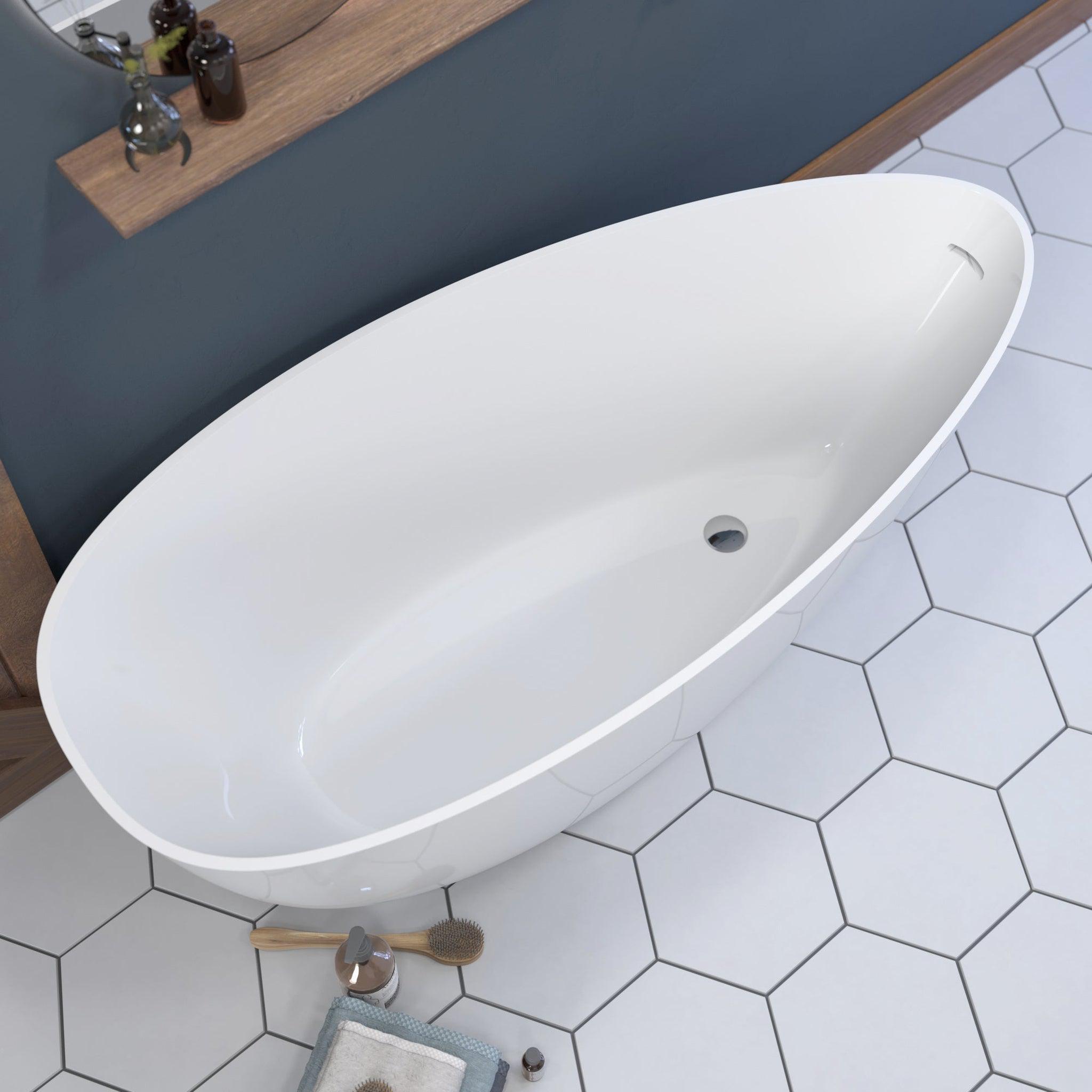 Cambridge Plumbing, Cambridge Plumbing 66" White Mineral Composite Double Ended Pedestal Bathtub With No Faucet Holes With Polished Chrome Drain Assembly