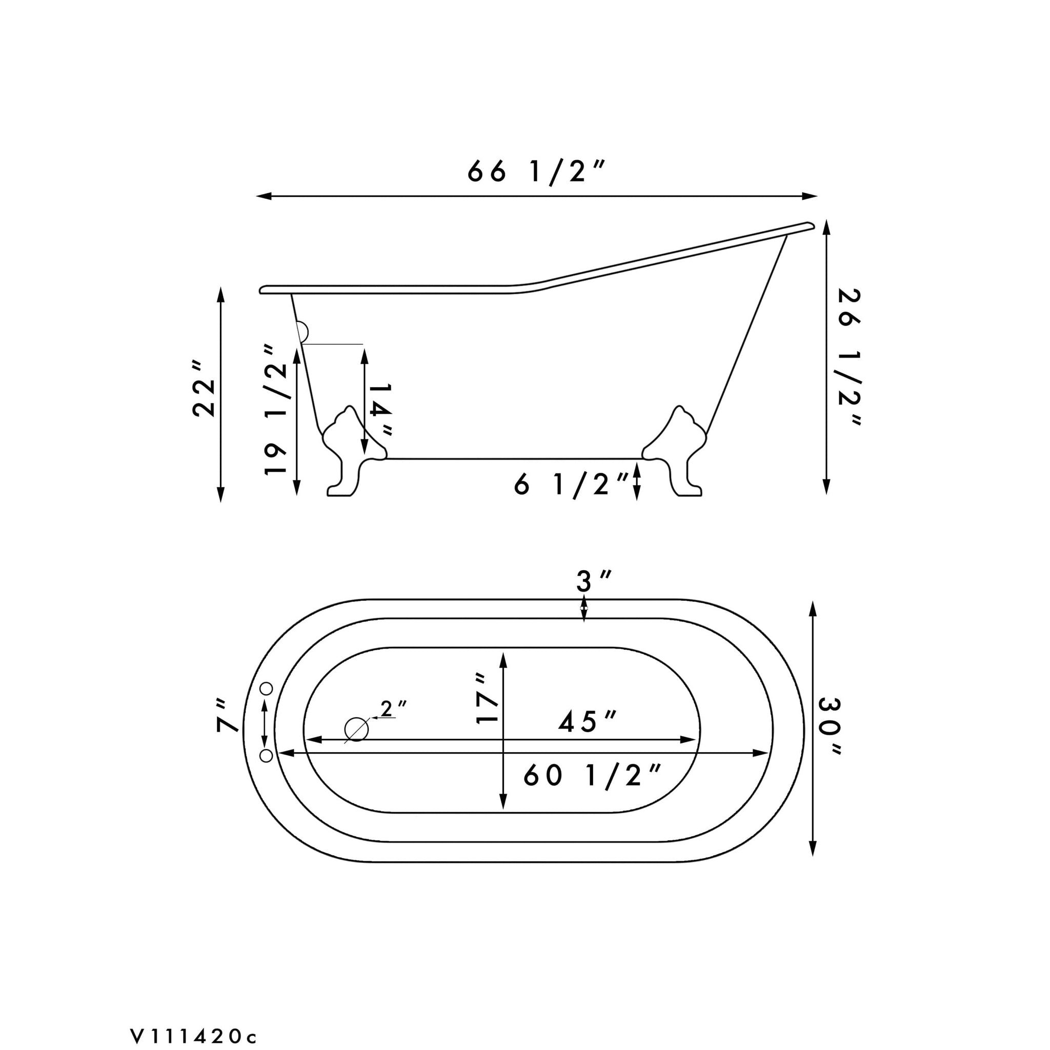 Cambridge Plumbing, Cambridge Plumbing 67" Cast Iron Single Slipper Scorched Platinum Clawfoot Bathtub Having Deck Holes With Brushed Nickel Feet