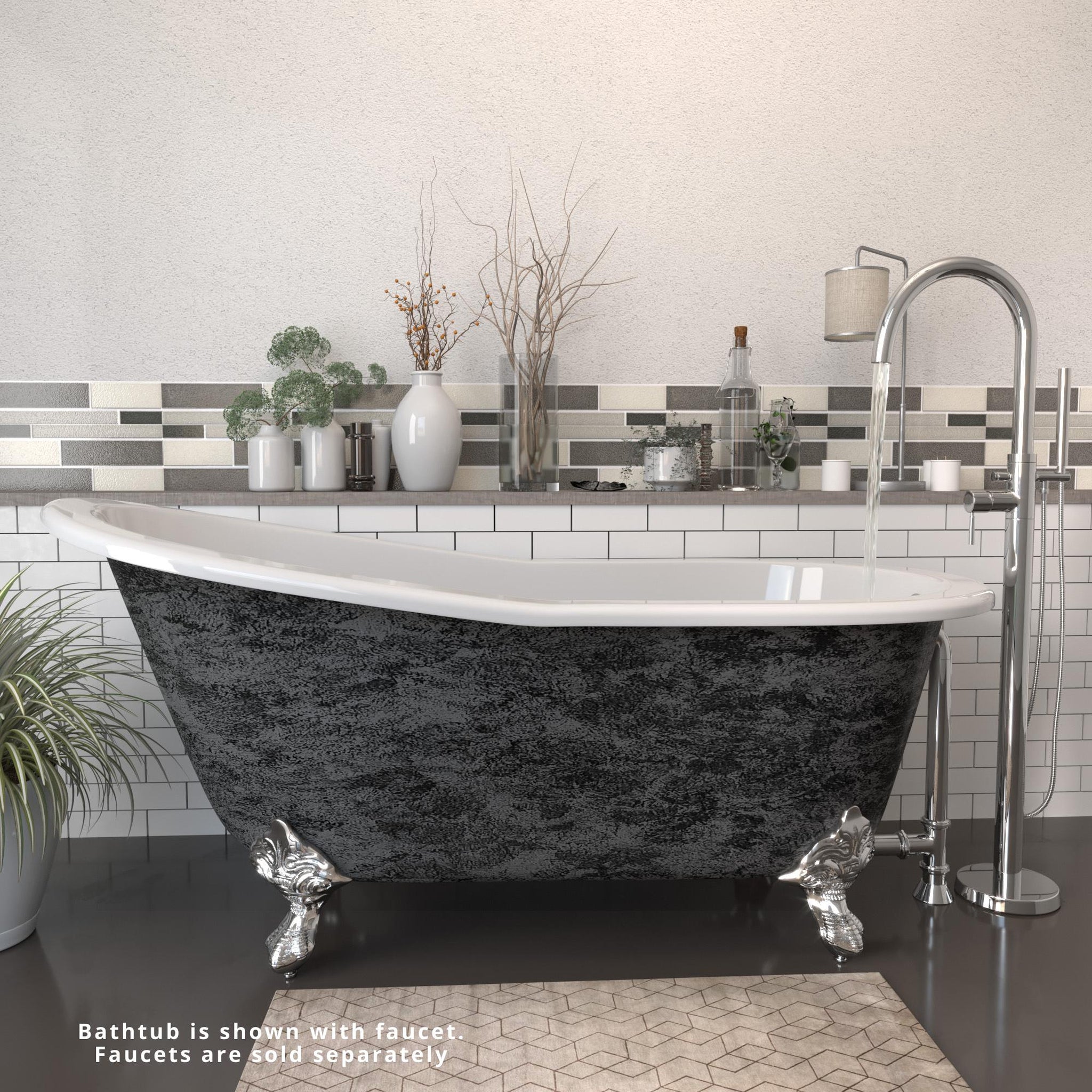 Cambridge Plumbing, Cambridge Plumbing 67" Cast Iron Single Slipper Scorched Platinum Clawfoot Bathtub With No Deck Holes With Polished Chrome Feet