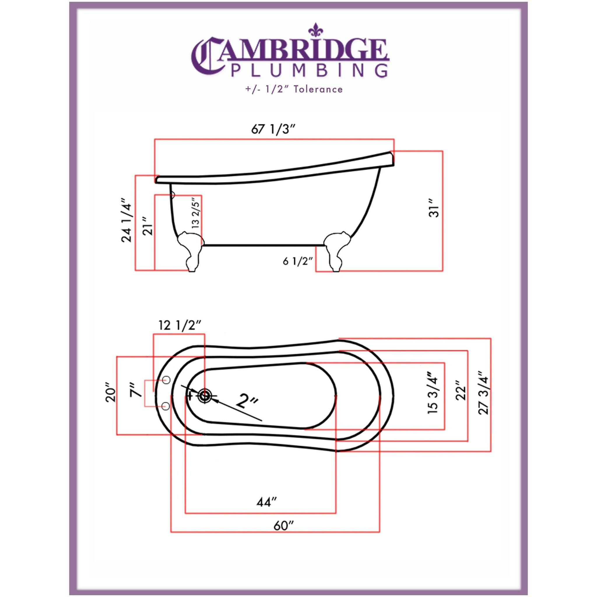 Cambridge Plumbing, Cambridge Plumbing 67" Hand Painted Scorched Platinum Single Slipper Clawfoot Acrylic Bathtub With Deck Holes With Brushed Nickel Clawfeet