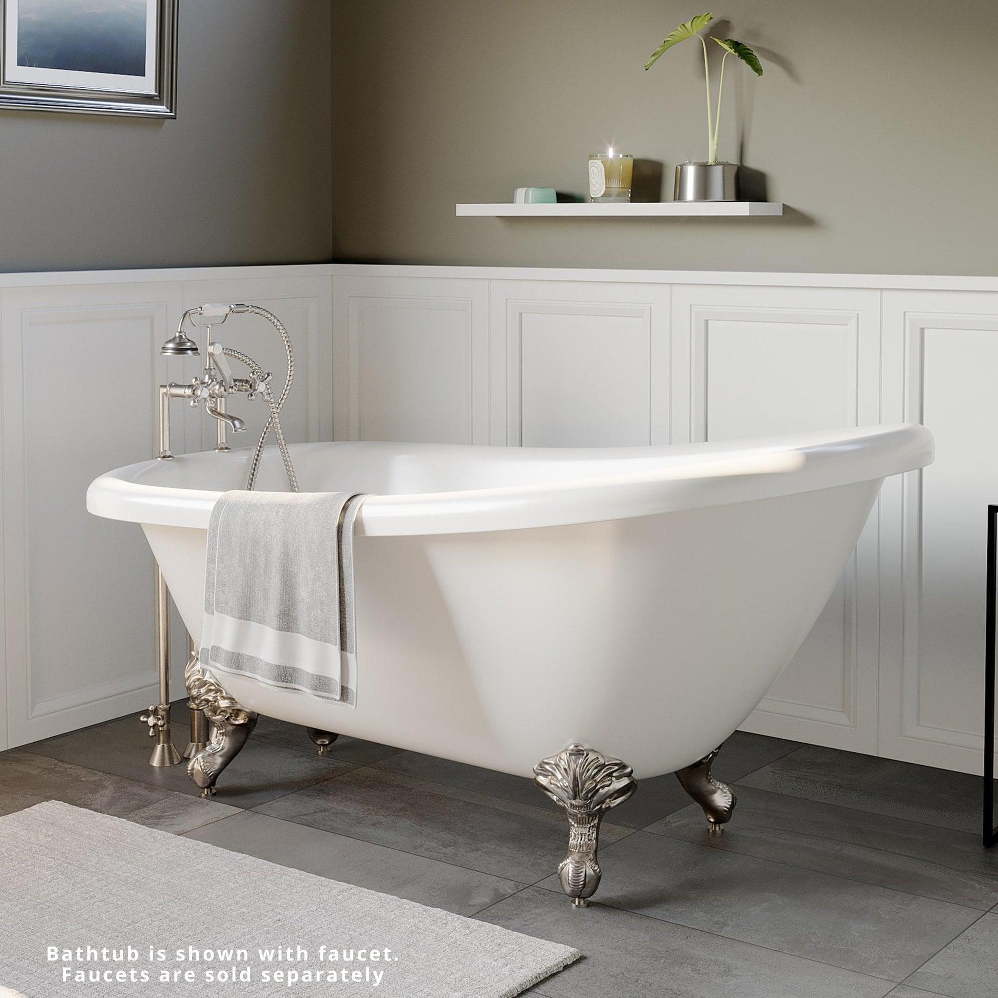 Cambridge Plumbing, Cambridge Plumbing 67" White Acrylic Single Slipper Clawfoot Bathtub With Deck Holes With Brushed Nickel Clawfeet