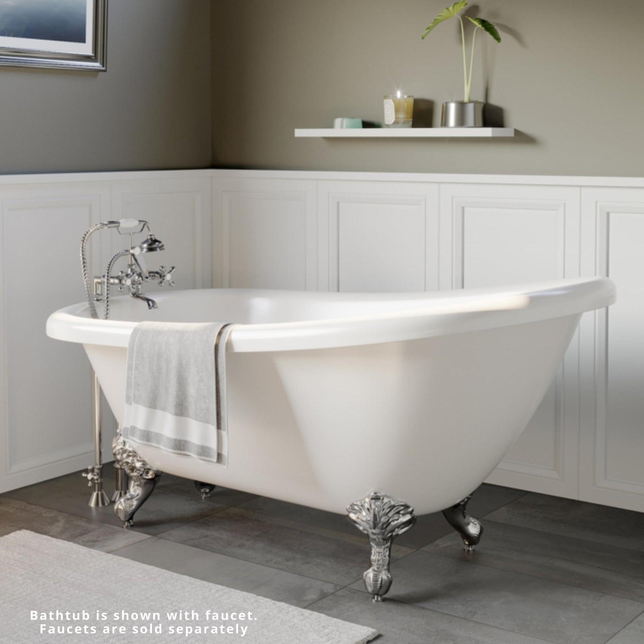 Cambridge Plumbing, Cambridge Plumbing 67" White Acrylic Single Slipper Clawfoot Bathtub With Deck Holes With Polished Chrome Clawfeet