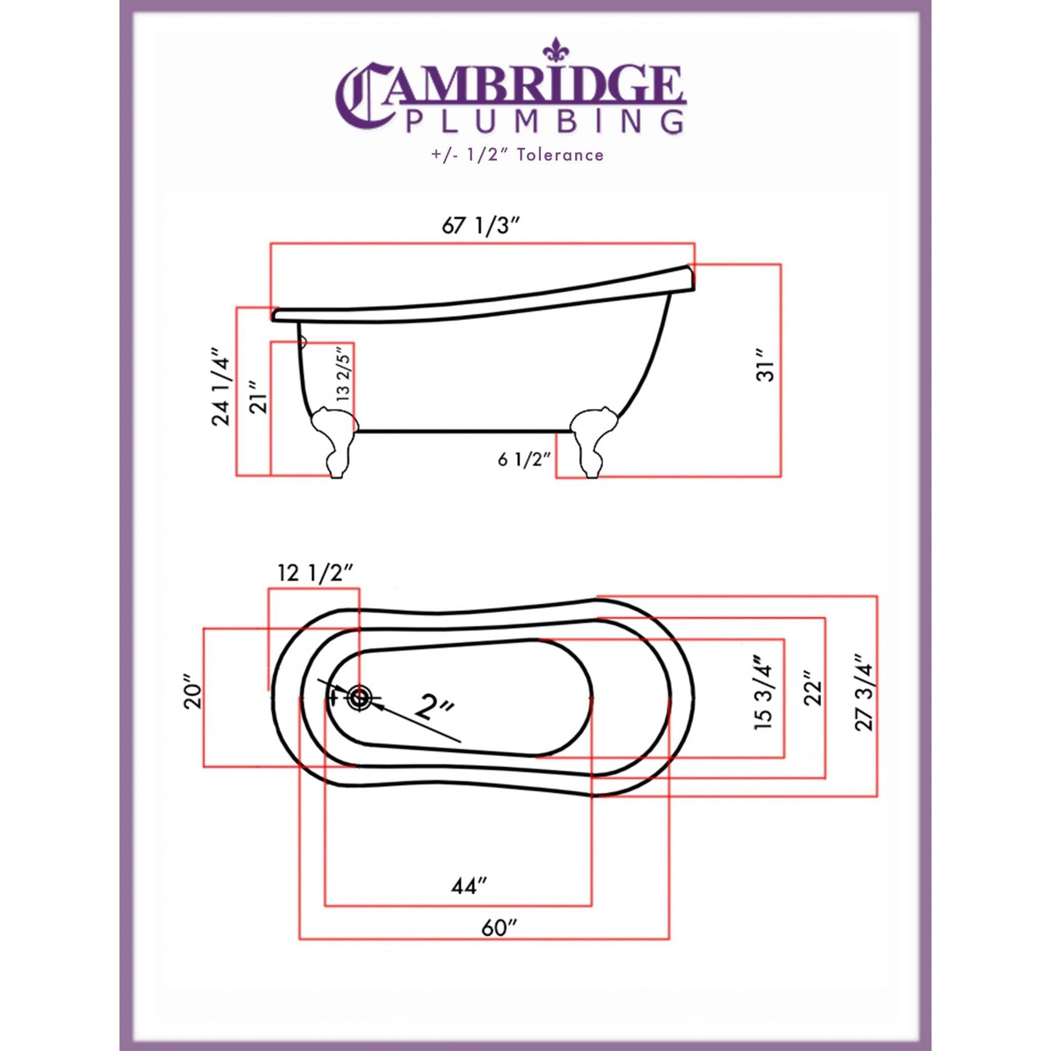 Cambridge Plumbing, Cambridge Plumbing 67" White Acrylic Single Slipper Clawfoot Bathtub With No Faucet Holes With Brushed Nickel Clawfeet