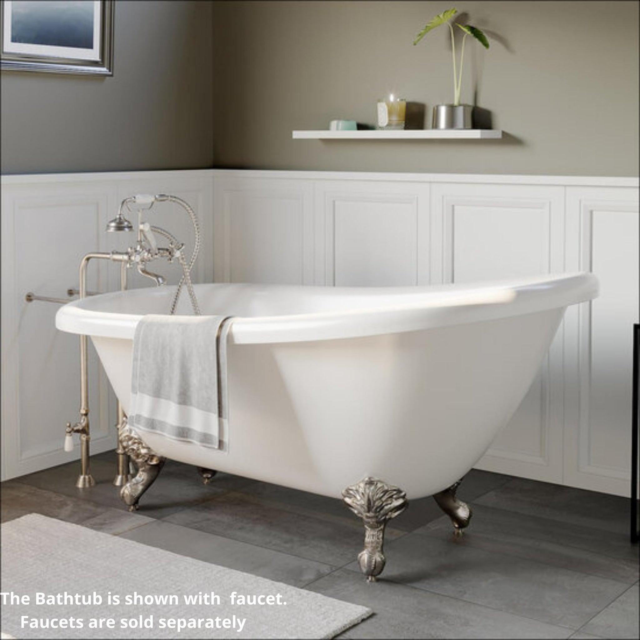 Cambridge Plumbing, Cambridge Plumbing 67" White Acrylic Single Slipper Clawfoot Bathtub With No Faucet Holes With Brushed Nickel Clawfeet