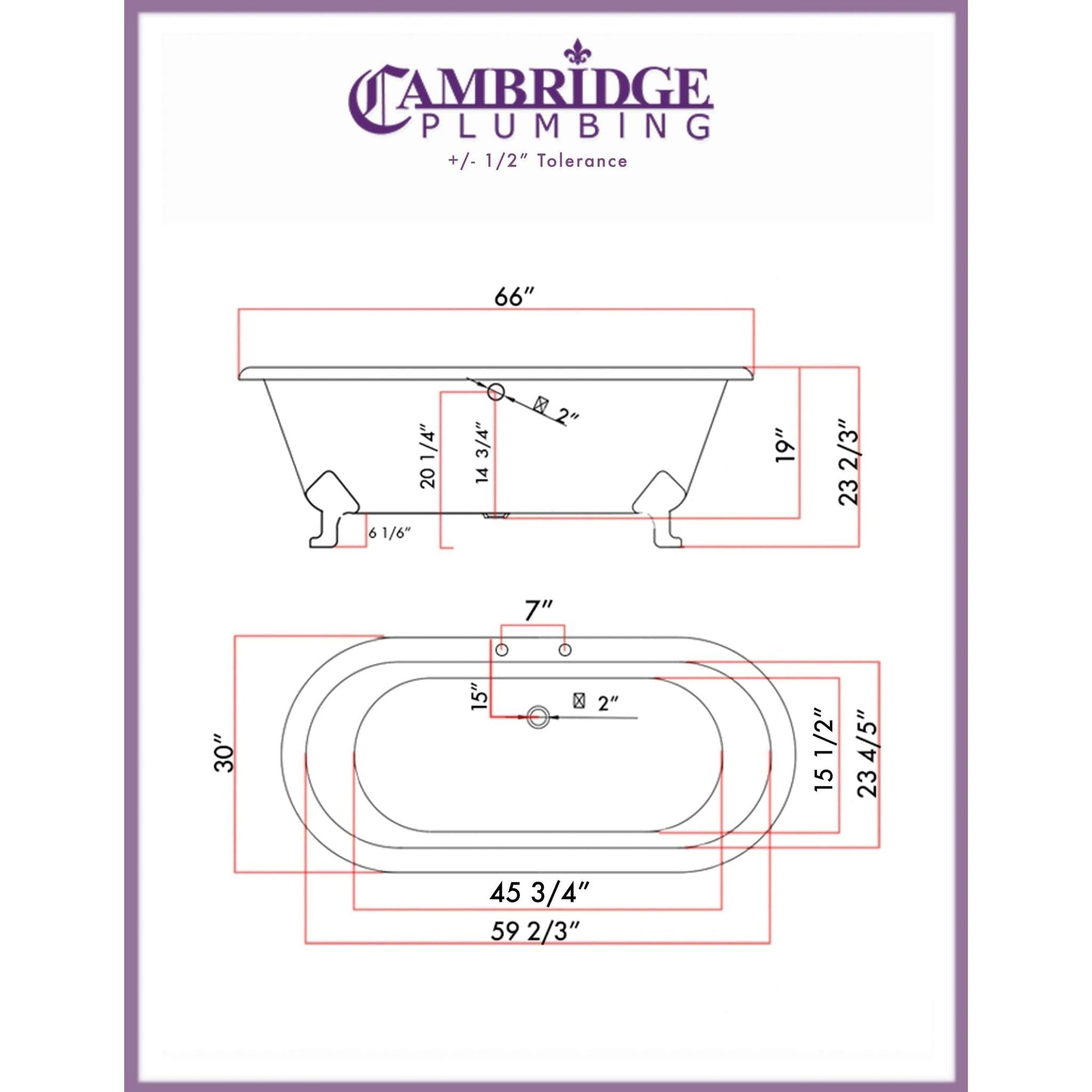 Cambridge Plumbing, Cambridge Plumbing 67" White Cast Iron Double Ended Bathtub With Deck Holes With Brushed Nickel Feet