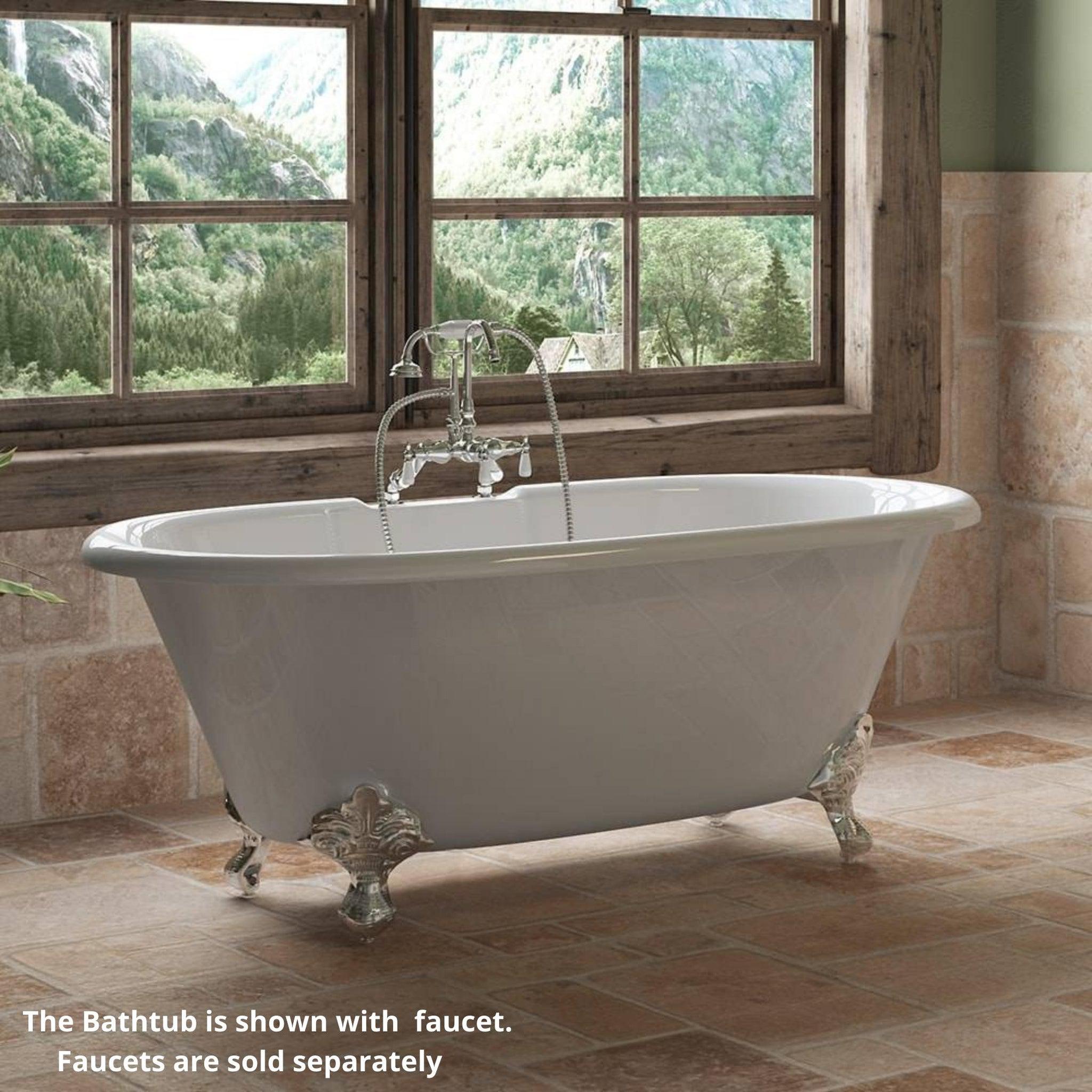 Cambridge Plumbing, Cambridge Plumbing 67" White Cast Iron Double Ended Bathtub With Deck Holes With Polished Chrome Feet