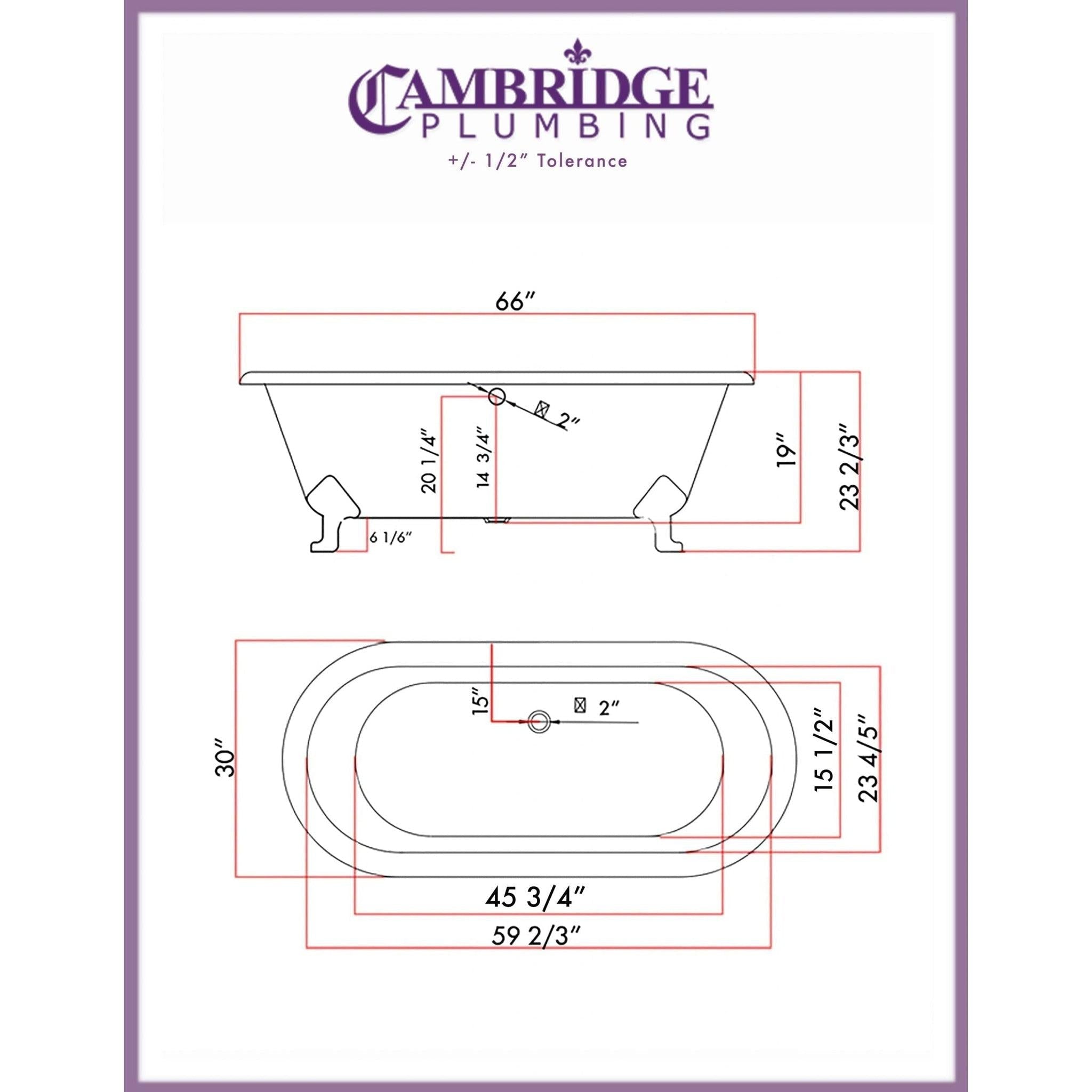 Cambridge Plumbing, Cambridge Plumbing 67" White Cast Iron Double Ended Bathtub With No Deck Holes With Polished Chrome Feet